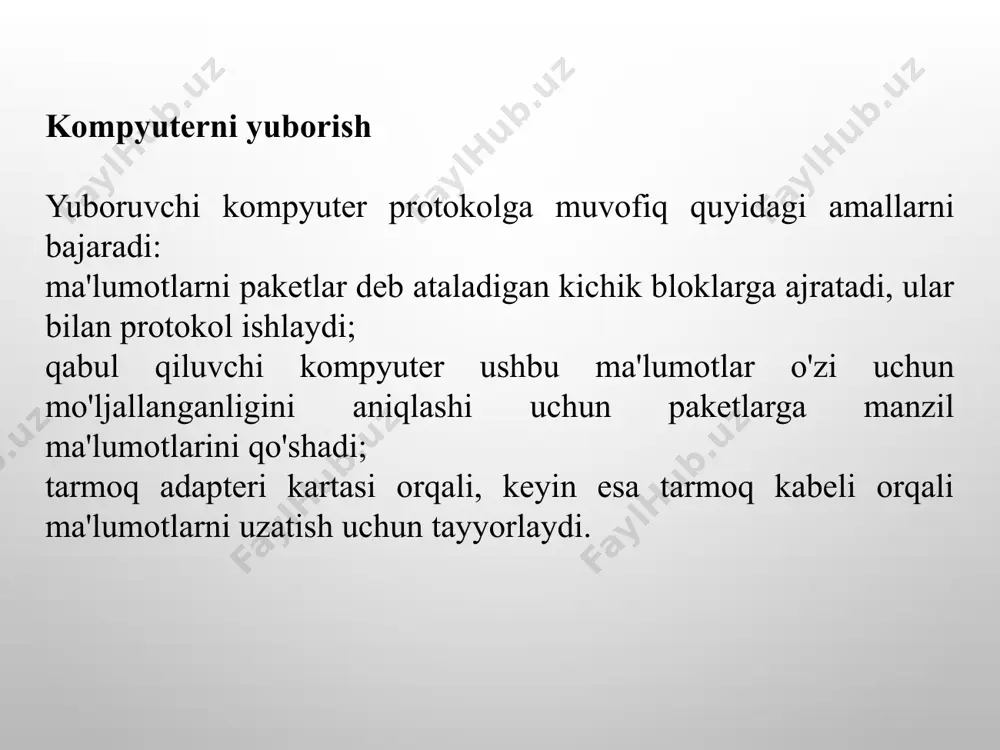 protokoli; nwlink - microsoft tomonidan ipx/spx protokolini amalga oshirish; netbeui - netbios seanslari va ilovalari uchun ma'lumotlarni uzatish xizmatlarini taqdim etadigan transport protokoli; ddp (datagram delivery protocol) - appletalk ma'lumotlarni uzatish protokoli. standart aloqa protokoli steklari kompyuter tarmoqlari sohasida standartlashtirishning eng muhim yo'nalishi aloqa protokollarini standartlashtirishdir. hozirgi vaqtda tarmoqlar ko'p sonli aloqa protokoli steklaridan foydalanmoqda. eng mashhur steklar: tcp/ip, ipx/spx, netbios/smb, decnet, sna va osi. ushbu barcha steklar, quyi darajadagi sna-dan tashqari - jismoniy va kanal - bir xil standartlashtirilgan ethernet protokollari, token ring, fddi va boshqalardan foydalanadi, bu sizga barcha tarmoqlarda bir xil uskunadan foydalanishga imkon beradi. ammo yuqori darajalarda barcha steklar o'z protokollariga muvofiq ishlaydi. ushbu protokollar ko'pincha osi modeli tomonidan tavsiya etilgan qatlamlarga mos kelmaydi. xususan, seans va taqdimot qatlamining funksiyalari odatda amaliy qatlam bilan birlashtiriladi. ushbu nomuvofiqlik osi modeli allaqachon mavjud va amalda foydalanilgan steklarni umumlashtirish natijasida paydo bo'lganligi bilan bog'liq va aksincha emas. osi to'plami …