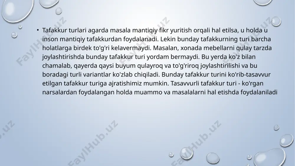 ning farzandimning rasm, suratlarni chizishga qobiliyati yo'q, u hech qachon rassom bo'lmaydi",- deb aytadilar. rasm darsi (bolalar uchun mo'ljallangan boshqa darslar singari) bola faqat shu sohaning ko'nikmalarini o'zlashtirishi uchungina mo'ljalanmagan. ushbu dars bolalarning rivojida ko'proq ahamiyatni kasb etishini bilishlari lozim. rasm darsi tasavvur etish tafakkurini rivojlantiradi, bola o'z aqli bilan turli holat va hodisalarni tasavvur etishni o'rganadi. bu esa bolaning to'laqonli aqliy rivoji uchun muhimdir tasavvur etish tafakkurining rivojlanishi maktabgacha bolalarning mashg'ulotlarida - masalan - rasm chizish, turli o'yinlar, kubiklardan biron bir narsa yasash - boladan uning kichkinagina miyasida ana shu buyum va hodisalarni tasavvur etish vazifasi turadi. bu esa bolaning ana shu turdagi tafakkurning rivojlanishida yordam beradi. ushbu tafakkur turi boshqa tafakkur turlariga asos bo'lib, so'z boyligi, mantiqiy tafakkurning shakllanishida, kelajakdagi maktab darslarini a'lo darajada o'zlashtirishda ko'maklashadi. bolalar maktabga borar ekanlar ularning tasavvur eta olish tafakkuri juda baland darajaga bo'ladi. lekin bu bolaning aqliy rivojlanishi bilan shug'ullanish kerak emas, …