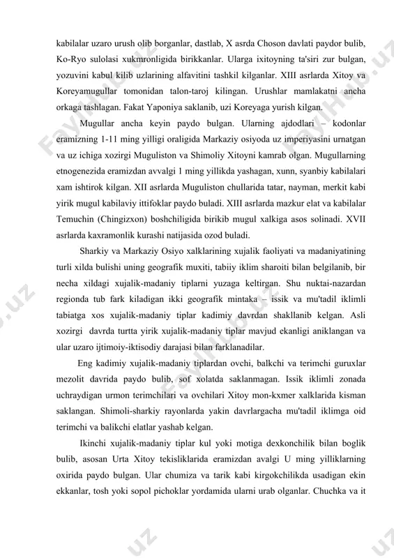da uchraydigan urmon terimchilari va ovchilari xitoy mon-kxmer xalklarida kisman saklangan. shimoli-sharkiy rayonlarda yakin davrlargacha mu'tadil iklimga oid terimchi va balikchi elatlar yashab kelgan. ikinchi xujalik-madaniy tiplar kul yoki motiga dexkonchilik bilan boglik bulib, asosan urta xitoy tekisliklarida eramizdan avalgi u ming yilliklarning oxirida paydo bulgan. ular chumiza va tarik kabi kirgokchilikda usadigan ekin ekkanlar, tosh yoki sopol pichoklar yordamida ularni urab olganlar. chuchka va it bokkanlar, mazkur xujalik tipi an'analari xozirgacha tayvan gaoshanlarida, xaynandagi li, kisman myao va yao nomli elatlarda saklangan. temir mexnat kurollarining paydo bulishi eramizdan avvalgi 1 ming yillikning urtalariga kelib uchinchi xujalik-madaniy tip shudgor dexkonchiligini davtlab shimoliy xitoyda yuzaga yeltirgan edi. keyinchalik bu tip xitoyga, koreya va manchjurlarga tarkalgan. shudgor dexkonchilik xujaligining asosiy belgilari temir tishli omochga xukiz kushib yerni xaydash, xosilni temir urok bilan urish, don ekinlaridan tashkari dukkakli ekinlar, paxta, rami, tut daraxtlari ekishdan iborat. regionning janubiy rayonlarida, yaponiya va koreyada sholikorlik bilan …