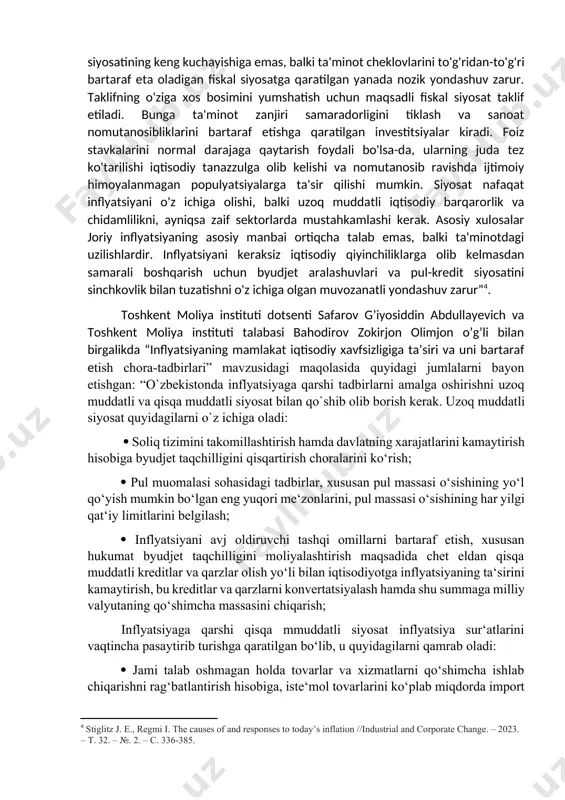 i iqtisodiyot kafedrasi o‘qituvchisi niyozova i.n hamda, “iqtisodiyot va turizim” fakulteti talabasi sattorova mohiyalarning “inflyatsiyaning mohiyati va kelib chiqish sabablari” mavzusidagi maqolasida quyidagicha fikirlarni bayon etishgan: “ inflyatsiya quyidagi shakllarda namoyon bo‘ladi: tovar va xizmatlar bahosining uzluksiz va tartibsiz o‘sib borishi natijasida pulning qadr-sizlanishi va uning sotib olish qobiliyatining tushib borishi; chеt el valyutasiga nisbatan milliy valyuta kursining tushib kеtishi. inflyatsiyaning har tomonlama avj olib ketishi mamlakatda sotsial va iqtisodiy jihatdan qarama qarshiliklar yuzaga kelishiga olib keladi. shuning uchun davlat inflyatsiyaning oldini olish, pul muomalasini barqarorlashtirish chora tadbirlari ishlab chiqiladi”[footnoteref:3]. [3: niyozova, i. n., & mohiya, s. (2024). inflatsiyaning mohiyati va kelib chiqish sabablari. intellectual education technological solutions and innovative digital tools, 3(27), 163-169. ] nobel mukofoti sovrindori, kolumbiya universiteti professori jozef e. stiglitz hamda kalumbiya unversitetining makroiqtisodiy tahlil dasturi rahbari ira regmining “bugungi inflyatsiyaning sabablari va unga qarshi kurashish choralari” mavzusidagi maqolasida “covid-19 pandemiyasi ta'minot zanjirlarida sezilarli uzilishlarga olib …