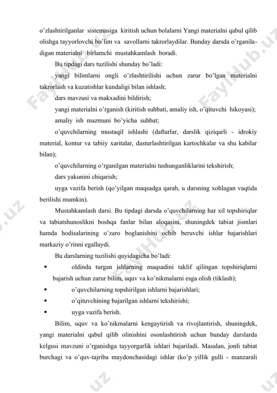 tirish, rezavor meva butalari va meva daraxtlarini qishga tayyorlash, xona o’simliklarini o’tqazish va ko’paytirish, qulupnay ko’chatlarini o’tqazish, tuproqni yumshatish va h. q) yoki tabiatdagi o’simlik zararkunandalari bilan tanishish. bu tipdagi darslarda ekskursiyalar yoki tabiiy ob‘ektlar ustidan uzoq kuzatishlar jarayonida o’zlashtirilgan bilimlarni qayta tiklash maqsadida ilgari o’quvchilar tayyorlagan albomlardan, surat, jadval, diafilmlardan foydalanish mumkin. predmetli darslar. bu tipdagi darslarda o’quv​chilar sinfda tabiiy ob‘ektlar bilan bevosita ishlaydilar va tabiat jismlari hamda hodisalari to’g’risida muayyan aniq bilimlar yig’indisini oladilar. shu maqsadda ular narsalarni qarab chiqadilar va taqqoslaydilar, ulardagi tarkibiy qismlarni, umumiy va tafovut qiladigan belgilarini ajratadilar. bu tipdagi darslarda tabiat jismlari va hodisalarini o’rganish umumiy tarzda yoki guruhlar bo’yicha olib boriladi. predmetli darslar kuzatuvchilikni rivojlantirish, quntlilikni, mehnatsevarlikni tarbiyalash uchun katta imkoniyatlar beradi. bu darslarda bolalar la​boratoriya ishi uquvlarini oladilar, chunki darsda o’tkaziladigan ish element tadqiqiy xarakterda bo’lishi kerak. unda bolalar o’rganilayotgan ob‘ektlarning belgi va sifatlarini taqqoslaydilar, murakkab bo’lmagan tajribalar o’tkazadilar. predmetli darslarda mustaqil …