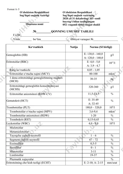 qonning umumiy tahlili blankasi — DOCX