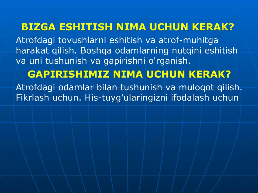'rni 1. implant; 2. qabul qilgich / stimulyator; 3. implantning elektrod qatori; 4. nutq protsessori. koxleyar implant * koxleyar implant elektrod elektrodlar - 24; elektrodlarning uzunligi - 32 mm; korpus uzunligi - 32 mm eni - 24 mm bo`yi - 5,9 mm * koxlyar implantning ish jarayoni mikrofon va nutqiy protsessor; kabel; uzatgixh bo`linmasi; faol elektrod; faol elektrod * koxlear implantining ishlash printsipi * koxlyear implantning 4 avlodi «pulsar ci-100» va «sonata ti-100» * nutqiy protsessor: «tempo+» * implantatsiya qilingan eshitish apparatlari suyak o'tkazuvchanlik sa (baha, ponto, bone bridge, alfa) 2 tanaga. vibrant soundbridge o'rta quloq implant implant qoyiladigan eshituv apparati ko'rsatkichlar konduktiv, aralash, sensoreural eshitish qobiliyati 1-3 daraja quloq va ichakchasidagi ca (tashqi eshitish kanalining atreziyasi, surunkali otit) an'anaviy ca (keskin tushayotgan audiogramma) ta'siridan doimiy norozilik bir tomonlama karlik estetik muammolar miya ustuniga qo`yiladigan eshituv implanti koxlyear implant tarixi 1979 – vestibulyar jarrohlik davolash natijasida viii juft (eshitish) nervlari …