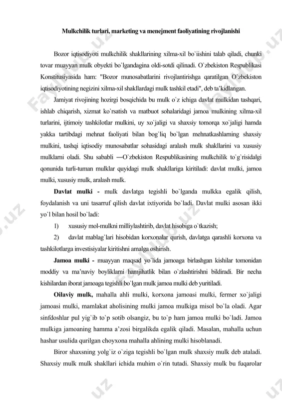 ashtirishni bildiradi. bir necha kishilardan iborat jamoaga tegishli bo`lgan mulk jamoa mulki deb yuritiladi. oilaviy mulk, mahalla ahli mulki, korxona jamoasi mulki, fermer xo`jaligi jamoasi mulki, mamlakat aholisining mulki jamoa mulkiga misol bo`la oladi. agar sinfdoshlar pul yig`ib to`p sotib olsangiz, bu to`p ham jamoa mulki bo`ladi. jamoa mulkiga jamoaning hamma a’zosi birgalikda egalik qiladi. masalan, mahalla uchun hashar usulida qurilgan choyxona mahalla ahlining mulki hisoblanadi. biror shaxsning yolg`iz o`ziga tegishli bo`lgan mulk shaxsiy mulk deb ataladi. shaxsiy mulk mulk shakllari ichida muhim o`rin tutadi. shaxsiy mulk bu fuqarolar mulki bo`lib, ularning shaxsiy yoki oilaviy ehtiyojini qondirishga xizmat qiladi. "shaxsiy mulk" bilan bir qatorda "xususiy mulk" iborasi ham ishlatiladi. "aliyevning xususiy (yoki shaxsiy) do`koni bor. valiyevning shaxsiy (yoki xususiy) firmasi bor", degan so`zlarni ko`p eshitgan bo`lsangiz kerak. demak, tovar va xizmatlar ishlab chiqarishda foydalanilayotgan shaxsiy mulkni xususiy mulk deb atash ham mumkin ekan. xususiy mulk - ayrim sohiblarga qarashli yollanma …