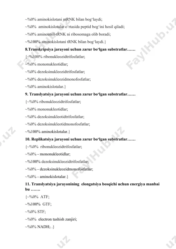 tlar; ~%100% aminokislotalar.} 10. replikatsiya jarayoni uchun zarur bo‘lgan substratlar…… {~%0% ribonukleozidtrifosfatlar; ~%0% - mononukleotidlar; ~%100% dezoksinukleozidtrifosfatlar; ~%0% - dezoksinukleozidmonofosfatlar; ~%0% - aminokislotalar.} 11. translyatsiya jarayonining elongatsiya bosqichi uchun energiya manbai bu ……. {~%0% atf; ~%100% gtf; ~%0% stf; ~%0% electron tashish zanjiri; ~%0% nadh2 .} 12.daunomitsin terapevtik effekt ko‘rsatadi va quyidagi jarayon ingibitori bo ‘lib hisoblanadi ……. {~%100% replikatsiyaning; ~%0% transkripsiyaning; ~%0% translyatsiyaning; ~%0% posttranslyatsion ghjsessingni; ~%0% rekognisiyani.} 13. gemoglobinning kislorodga moyilligini boshqaruvchi 2,3-bifosfogliserat ...... tarkibiga kiradi. {~%0% gem temiriga; ~%100% markaziy bo‘shliq; ~%0% n- oxiri β-gemoglabin zanjiriga; ~%0% к с- oxiri β- gemoglabin zanjiriga; ~%0% proksimal gistidinag f8 polipeptid gemoglabin zanjiri.} 14.bora-verigo-effekti bu……. {~%0% harorat ko‘tarilganda gemoglabinning kislorodga moyilligi kamayishi; ~%0% со2 parsial bosimining ortishida gemoglobinning kislorodga moyilligi kamayishi; ~%100% muhitning kislotaligi ortishida gemoglabinning kislorodga moyilligi kamayishi; ~%0% harorat ko ‘tarilganda gemoglabinning kislorodga moyilligi ortishi; ~%0% со2 parsial bosimining ortishida gemoglabinning kislorodga moyilligi ortishi.} 15.qonning eng kuchli buffer …