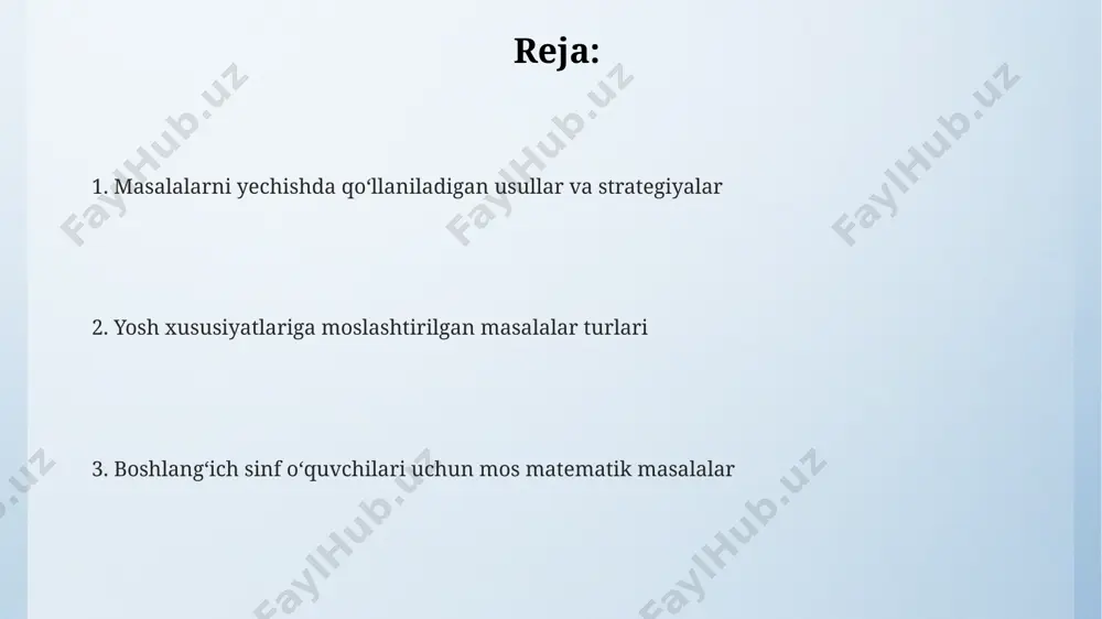 bu ularning fazoviy tasavvurini rivojlantirishga yordam beradi. 10 sm uzunlikdagi va 5 sm kenglikdagi toʻrtburchakning perimetri va maydonini hisoblash vazifasi 2-sinf oʻquvchilari uchun moslashtirilgan sodda geometrik masalalar misolidir. amaliy masalalar va ularning yechimlari amaliy masalalar yoshga mos ravishda sodda va murakkab bo‘lishi kerak, masalan, 1-sinfda qo‘shish va ayirish amallari bilan bog‘liq 5 tadan oshmaydigan sonlar ishlatilishi mumkin, 4-sinfda esa ikki xonali sonlar bilan murakkabroq misollar beriladi. amaliy masalalarni yechishda chizmalar, jadvallar yoki boshqa ko‘rgazmali vositalardan foydalanish bolalarning mantiqiy fikrlashini va muammoni hal qilish qobiliyatini rivojlantirishga yordam beradi; 3 ta tovuq 6 ta tuxum qo‘ysa, 5 ta tovuq nechta tuxum qo‘yadi? masalalar turli xil kontekstlarda, kundalik hayot voqealari, masalan, 20 ta olma va 15 ta nokdan nechta meva borligi kabi, berilishi va bolalar uchun tushunarli bo‘lishi kerak. oʻyin shaklidagi matematik mashqlar rangli kubiklar yoki tasvirlar yordamida 5 gacha boʻlgan sonlarni koʻpaytirish va boʻlish amallarini oʻrgatishda, misol uchun, 2x3=6 misolini visualizatsiya qilish …