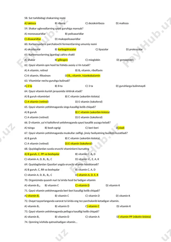ateroskleroz, rak kabi kasalliklarning kelib chikish xavfi ortadi? a) aminokislotalar b) monosaxaridlar c) lipidlar d) oziq tolalari 54. 1 g uglevod parchalanganda kancha energiya ajraladi? a) 10 kkal b) 20 kkal c) 9,3 kkal d) 4,1 kkal 55. glyukoza, fruktoza, galaktoza kabilar uglevodlarning qaysi guruhiga mansub? a) monosaxaridlar b) polisaxaridlar c) gidrosaxaridlar d) oziq tolalari 56. katta yoshli odamning karbonsuvlarga bo’lgan talabi o’rtacha kanchaga teng? a) 100 g b) 100 mg c) 400-500 g d) 40 g 57. odam qonidagi glyukozaning doimiy miqdori a) 80-120 mg% b) 10 mg% c) 400-500 mg% d) 1000 mg% 58. sut tarkibidagi shakarning nomi a) laktoza b) riboza c) dezoksiriboza d) maltoza 59. shakar uglevodlarning qaysi guruhiga mansub? a) monosaxaridlar b) polisaxaridlar c) disaxaridlar d) mukopolisaxaridlar 60. karbonsuvlarni parchalovchi fermentlarning umumiy nomi a) oksidazalar b) karbogidrazalar c) lipazalar d) proteazalar 61. karbonsuvlarning jigardagi zahira shakli a) shakar b) glikogen c) mioglobin d) gemoglobin 62. …