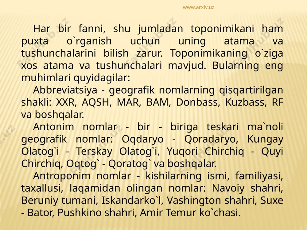in muhammad boburning “boburnoma” asari mumtoz o`lkashunoslik asari bo`lishi bilan birga unda toponimikaga oid juda ko`p ma`lumotlar bor. x - xi asrlarda yashagan abu rayhon beruniy o`z davrining buyuk olimi - astronom, matematik va geograf bo`lgan. u 973 yili 4 sentabrda xorazmdagi kot (hozirgi beruniy) shahrining chekkasida tug`ilgan va 1048 yilda 75 yoshda g`aznada vafot etgan. uning ilmiy merosi orasida toponimikaga oid ma`lumotlar ko`p uchraydi. uning geografik va toponimik merosi “at - tafhim”, “qonuni ma`sudiy”, “geodeziya”, “hindiston”, “minerologiya”, “osori boqiya”, “saydana” kitoblarida keltirilgan. www.arxiv.uz abu rayhon beruniyning “hindiston” asarida toponimika qonuniyatlariga oid bir qancha fikrlari mavjud. chunonchi, yunonlar va arablar turkiy so`zlarni buzib, o`z talaffuzlariga moslab ishlatganliklari oqibatida ayrim so`zlarning ma`nosi o`zgarib ketganini aytadi. masalan, turkiycha tosh so`zini arablar shosh deb talaffuz qilishidan ma`no o`zgarganini aytadi. “saydana” kitobida 400 dan ortiq qishloq, tog`, daryo, shahar va orollarning nomlari tilga olingan. “qonuni ma`sudiy” kitobida 603 ta joy nomi ko`rsatilgan. abu rayhon …