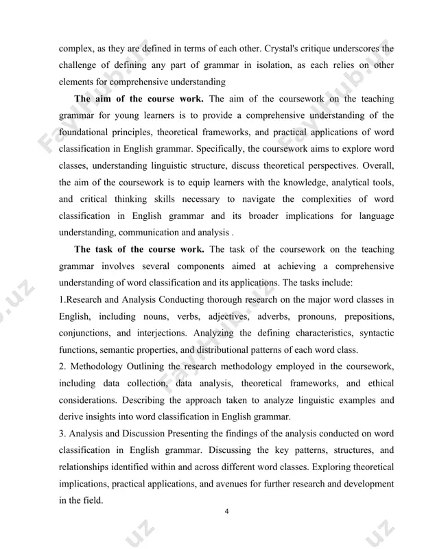 ommunication, and interpretation. the practical value of the course work. the coursework on teaching grammar holds several practical values. the practical value of the coursework lies in its ability to equip learners with the knowledge and skills necessary to navigate the complexities of language structure and use language more effectively in various contexts, from everyday communication to advanced academic and professional pursuits. the structure of the course work the given course work consists of introduction, two chapters, conclusion, the list of used literatures and internet resources. chapter i. definition and role of grammar in language acquistion 1.1. evolution of the grammatical system from the 11th to 18th c. evolution of the grammatical system from the 11th to 18th c. tracing the evolution of english over time.the journey of the english language through history unfolds in three distinct phases: the anglo-saxon era, the medieval or middle english period, and the modern …