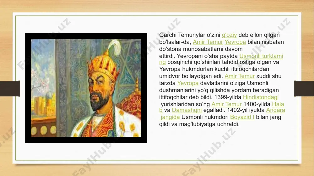 bilishini“ aytadi. klavixoning soʻzlariga koʻra, temurning ispaniya delegatsiyasiga nisbatan yaxshi munosabati uning asosiy mezboni „xitoy hukmdori“ (yaʼni min sulolasi imperatori yongle)ning elchilariga boʻlgan munosabatiga zid edi. „yer yuzi sohibi“ unvoniga ega boʻlgan xitoy hukmdori elchilarini temur „oʻgʻri va yomon odam“ deb nomlagan hamda uning elchilarini ispan elchilaridan orqada joylashtirgan. klavixoning samarqandga tashrifi yevropa jamoatchiligigaxitoy haqida maʼlumotlar berishga imkon berdi, bu esa yevropaliklar marko polo sayohatlaridan beri oʻtgan asrlarda ushbu mamlakat haqida bevosita tasavvur uygʻotishga muvaffaq boʻlishdi. klavixo axborotida, garchi toʻliq boʻlmasa ham, imperator chju yuanchjan avlodlari oʻrtasida boʻlib oʻtgan fuqarolar urushi haqida maʼlumotlar berilgan. ispaniyaliklar baʼzi xitoylik mehmonlar bilan suhbatlashish imkoniyatiga ega boʻlishgan va samarqand va kambalu (pekin) oʻrtasidagi karvon yoʻllari toʻgʻrisida maʼlumotlar oldilar. yevropalik jamoatchiligiga xitoyning poytaxti kambalu haqida „dunyodagi eng katta shahar“ ekanligi va bu mamlakatning qudratli qoʻshinlari haqida gapirishdan tashqari, klavixo ham yanglishib — xitoyning yangi imperatori katoliklikni qabul qilganini xabar beradi. shunday qilib, uning maʼlumotlari xitoyda …