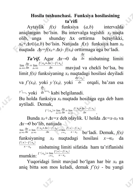 yuqoridagi limit mavjud bo‘lgan barcha x nuqtalarda aniqlangan. bu funksiya f(x) funksiyaning hosila funksiyasi, odatda, hosilasi deb yuritiladi. endi hosila ta’rifidan foydalanib, y=f(x) funksiya hosilasini topishning quyidagi algoritmini berish mumkin: 10. argumentning tayinlangan x qiymatiga mos funksiyaning qiymati f(x) ni topish. 20. argument x ga f(x) funksiyaning aniqlanish sohasidan chiqib ketmaydigan x orttirma berib f(x+x) ni topish. 30. funksiyaning f(x)=f(x+x)-f(x) orttirmasini hisoblash. 40. nisbatni tuzish. 50. nisbatning x0 dagi limitini hisoblash. misollar. 1. y=kx+b funksiyaning hosilasini toping. yechish. hosila topish algoritmidan foydalanamiz. 10. argument x ni tayinlab, funksiya qiymatini hisoblaymiz: f(x)=kx+b. 20. argumentga x orttirma beramiz, u holda f(x+x)=k(x+x)+b=kx+kx+b. 30. funksiya orttirmasi f(x)=f(x+x)-f(x)=(kx+kx+b)-( kx+b)=kx. 40. =, 50. =k=k. demak, (kx+b)’=k ekan. xususan, y=b o‘zgarmas funksiya (bu holda k=0) uchun (b)’=0; y=x (k=1) funksiya uchun x’=1 bo‘ladi. egri chiziq urinmasi siz aylananing urinmasi tushunchasi bilan tanishsiz. aylanaga o‘tkazilgan urinma shu aylana bilan yagona umumiy nuqtaga ega, shuningdek aylana to‘g‘ri chiziqning bir …