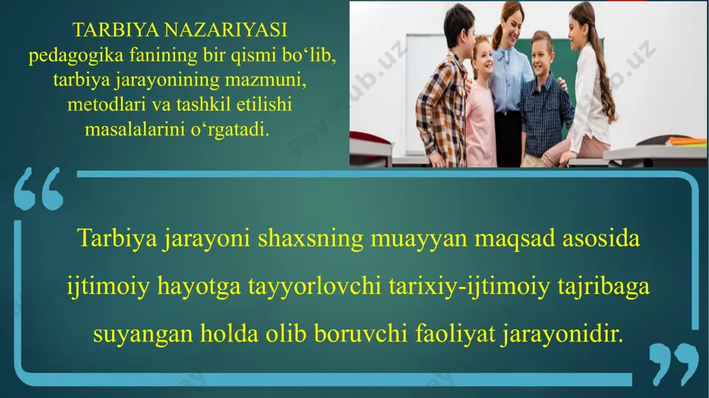 ng hayotiy meyor va qadriyatlarini ishlab chiqishi o‘quvchini tarbiya jarayonida faolligini ta’minlashga olib keladi. dunyoqarashi hali to‘la – to‘kis shakllanmagan bolalar uchun kattalarning hayotiy tajribalari hamda ularning shaxsiy namunalari katta tarbiyaviy ta’sirga ega. 3. o‘z-o‘zini anglash. tarbiya insonda e’tiqod, demokratik qarashlar va hayotiy pozitsiyaning shakllanishiga olib keladi. tarbiya mazmunining eng muhim jihatlaridan biri – bu insonning hayotida o‘z-o‘zini anglashi inson o‘z shaxsiy hayoti va baxtining subyekti sifatida e’tirof etilishi bilan tavsiflanadi. inson kamolotida fuqarolik, kasbiy va axloqiy o‘z-o‘zini anglash g‘oyalarga tayanib tarbiyalash muhim ahamiyatga egadir. zamonaviy tarbiya mazmuni 4. tarbiyaning yo‘naltiruvchanligi. mazkur g‘oya maktab (ta’lim muassasalari) amaliyotining markaziy nuqtasida tarbiyaviy ishlar dasturi, tadbirlari, shakl, metod va vositalari emas, balki o‘quvchi turganligini anglatishga xizmat qiladi. tarbiya jarayonida uning shaxsiy xususiyatlari, qiziqishlari, o‘ziga xos tavsifi o‘z qadr-qimmatini anglash tuyo‘ulari rivojlantirilib borilishi zarur. 5. ixtiyoriylik. tarbiyalanuvchilarning iroda erkinligisiz tarbiya g‘oyalari mohiyatini qaror toptirish mumkin emas. tarbiya jarayoni, agar u oqilona tashkil etilsa, bir …