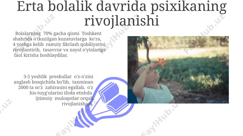 млашнинг муҳим ўрни бор, бу жараён миянинг тезкор ривожланиши билан боғлиқ бўлиб, тошкент шаҳридаги тадқиқотлар буни тасдиқлайди. his-tuyg‘ularning rivojlanishi ўзбекистоннинг қорақалпоғистон республикасида ўтказилган кузатувлар 20-30% болаларда 4 ёшгача бўлган даврда асосий ҳис-туйғулар (қувонч, қайғу, ғазаб)нинг аниқ намоён бўлишини кўрсатди. 3-5 ёшли болалардаги ҳис-туйғуларнинг ривожланиши жараёнида, айниқса, ўйин орқали ижтимоий кўникмаларнинг шаклланишига 70% гача таъсир кўрсатади, бу эса тошкент шаҳридаги тадқиқотларда аниқланган. ijtimoiylashuv ijtimoiylashuv jarayoni 3-5 yoshgacha bo'lgan bolalarda o'ziga xos xususiyatlarga ega bo'lib, ularning o'yin faoliyati orqali 20 dan ortiq ijtimoiy ko'nikmalarni o'zlashtirishlarini ko'rsatadi, masalan, samarqanddagi bolalar bog'chalarida o'tkazilgan kuzatuvlar shuni tasdiqlaydi. ijtimoiylashuvning muvaffaqiyatli amalga oshirilishi 50% ga yaqin ota-onalarning tarbiyaviy uslubiga bog'liq bo'lib, 30%i tengdoshlari bilan o'zaro munosabatlarga, 20%i esa bolalar bog'chasi kabi muassasalarga bog'liqdir. e’tiborning rivojlanishi 01 02 эътиборнинг барқарорлиги ва тарқалмаслигини ўлчаш учун, 7-8 ёшли болаларга нисбатан, 4 ёшли болаларда эътиборнинг ўртача 2 баробар камроқ вақт давомида сақланиши кузатилган, бу самарқанд вилоятидаги тадқиқот натижаларига кўра. sales 1st …