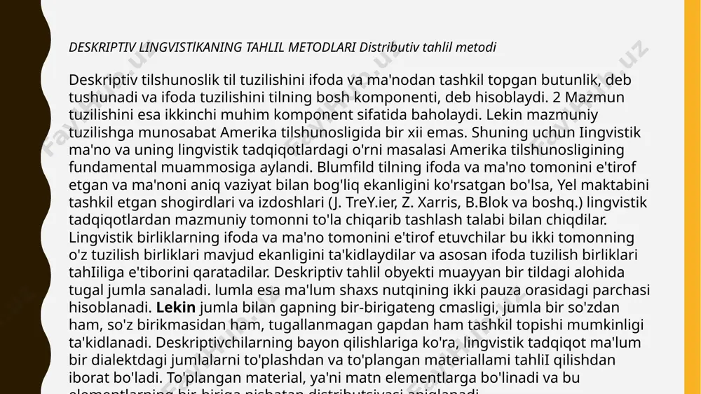 shimiz mumkin: ki-tob-ni 0(- qi-moq. tadqiqotchi informantdan (talaffuz qiluvchidan) bu birikmaning talaffuzini takrorlashni iltimos qiiadi yoki shu birikma boshqa informant orqali talaffuz qildiriladi. ikkinchi marotaba talaffuz qilinganda, jumla tarkibidagi tovushlar oldingisidan bir oz farqlanishi mumkin. masalan, a birida cho'ziqroq, ikkinchisida qisqaroq talaffuz qilinishi mumkin. lekin informantlar har ikki holatda talaffuz qilingan tovushlarni bir xii deb qabul qiladi. chunki 0 ning cho'ziq-qisqa talaffuz qilinishi informantlar uchun muhim bo'lmaydi, ma'no farqlamaydi. so'ngra bu jumladan ajratiigan segmentlarni boshqa jumla tarkibiga qo'yib informant uchun shunday qiiish mumkin ekanligini tekshirib ko'ramiz. ana shu asosda har bir tovush u yoki bu scgmcntning vakili ekanligini aniqlaymiz. bir tovushni turli o'rinlarda qo'llab, ularning qurshovi belgilanadi. elementning qurshovi yuqoridagi yo'l bilan aniqlangan elementlar qo'shnichiligidir. «elementlar qo'shnichiligi» atamasi ostida bir elementning boshqa elementga nisbatan egallagan pozitsiyasi tushuniladi. bir xii qurshovda turgan segment turli informant tomonidan turlicha talaffuz qilinib, ma'noga ta'sir etmasligi mumkin. bunday holatda ular bir segmentning turli vakillari sanaladi. …