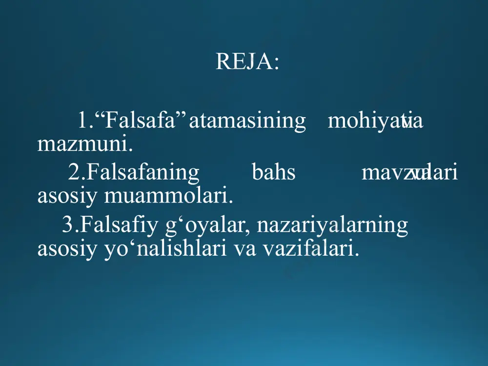 fa abu nasr farobiy falsafa atamasini «hikmatni qadrlash» deb talqin qilgan. faylasuf birinchi vujud tangri, u nuqsonsizdir. boshqa vujudlar tangridan yaralganligi uchun ular nuqsonlidirlar. hikmatni sevuvchilar va unga amal qiluvchilar faylasuflar. falsafiy fikrlar rivojlanishining davriy tizimi 🞅 antik davr falsafasi 🞅 o‘rta asrlar davri falsafasi 🞅 uyg‘onish davri falsafasi 🞅 yangi zamon davri falsafasi 🞅 hozirgi zamon davri falsafasi falsafa va uning asosiy yo‘nalishlari 🞅falsafa tarixi 🞅ontologiya 🞅gnoseologiya 🞅antropologiya 🞅aksiologiya 🞅etika 🞅estetika 🞅mantik falsafani tushunish ikkita komponentdan iborat ko‘rib biladigan tushunadigan narsalar. ko‘rish qiyin tushunish qiyin bo‘lgan narsalar. “falsafa” predmeti va atamasining taʼrifi aristotel «fanlar falsafadan kelib chiqqan, yaʼni har bir fikr, g‘oya – donolikdan tarqalgandek, donishmandlik bu – falsafadir» deb taʼkidlagan. “falsafa” predmeti va atamasining taʼrifi lev tolstoy: «donishmand kishilar uch xislatga ega. ular avvalo, boshqalarga bergan maslahatlariga o‘zlari amal qiladilar; ikkinchidan, hech qachon haqiqatga qarshi bormaydilar; uchinchidan atrofidagi kishilarning nuqsonlariga sabr-toqat bilan chidaydilar» deb taʼkidlaganlar. “falsafa” predmeti va …