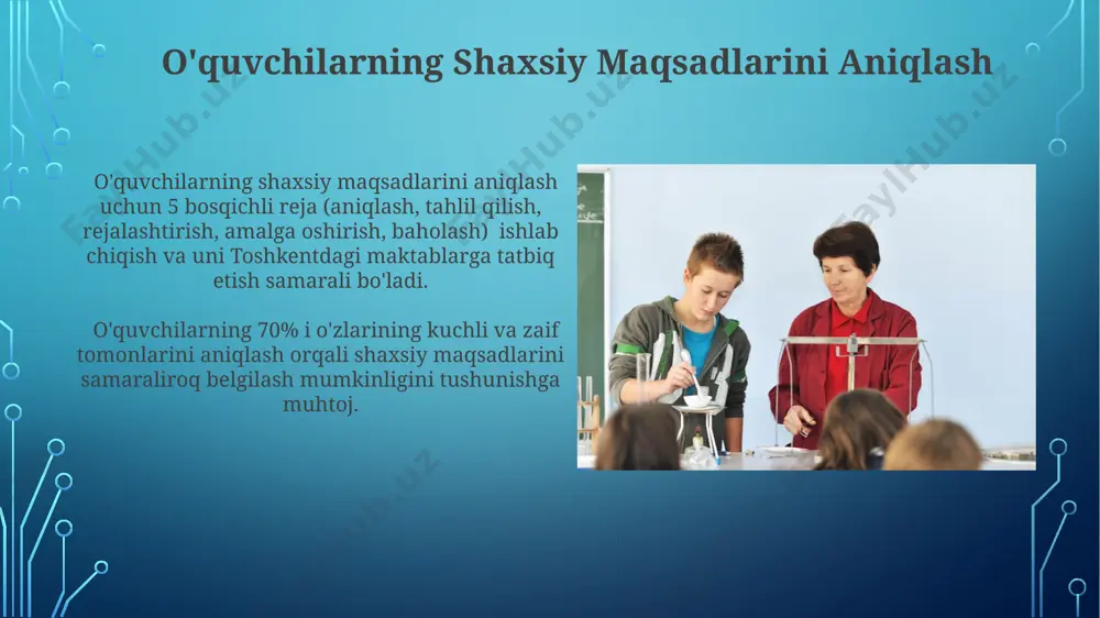 a o'tkazilgan tadqiqotlar shuni ko'rsatdiki, muntazam o'z-o'zini baholash va refleksiya bilan shug'ullanuvchi 30 nafar talabaning 85% i o'qishdagi natijalarini 10-15% ga yaxshilashgan. talabalarning o'z-o'zini refleksiyasi orqali aniqlangan 20 ta muammoli sohadan 7 tasi kommunikativ ko'nikmalarga, 5 tasi esa o'z-o'zini boshqarishga oid bo'lib chiqdi. jamoaviy ishga o'rgatish andijon viloyatining 3 ta maktabida o'tkazilgan tadqiqotlar shuni ko'rsatdiki, "jamoaviy ishga o'rgatish" uslubi 100 nafar o'quvchining 75% da o'zaro hamkorlik va mas'uliyat hissini kuchaytirdi, natijada darslarga bo'lgan qiziqish ortdi. toshkent shahridagi 2 ta tarbiya klassida qo'llanilgan "jamoaviy ishga o'rgatish" metodikasi o'quvchilarning 8 ta turli ko'nikmalarini (masalan, muloqot, muammo hal qilish) rivojlantirishga yordam berdi, bu ularning 30% da o'ziga ishonchni orttirdi. axloqiy tarbiya o'zbekistonning andijon viloyatida o'tkazilgan tadqiqotlar shuni ko'rsatdiki, axloqiy tarbiya dasturlarini muntazam qo'llagan 100 nafar o'quvchidan 75 nafari o'qishdagi natijalarini yaxshilashgan va ijtimoiy faollik darajasi oshgan. axloqiy tarbiya bo'yicha 2023-yilgi milliy strategiyasi, toshkent shahrida ishlab chiqilgan bo'lib, 6 ta asosiy yo'nalishni o'z ichiga …
