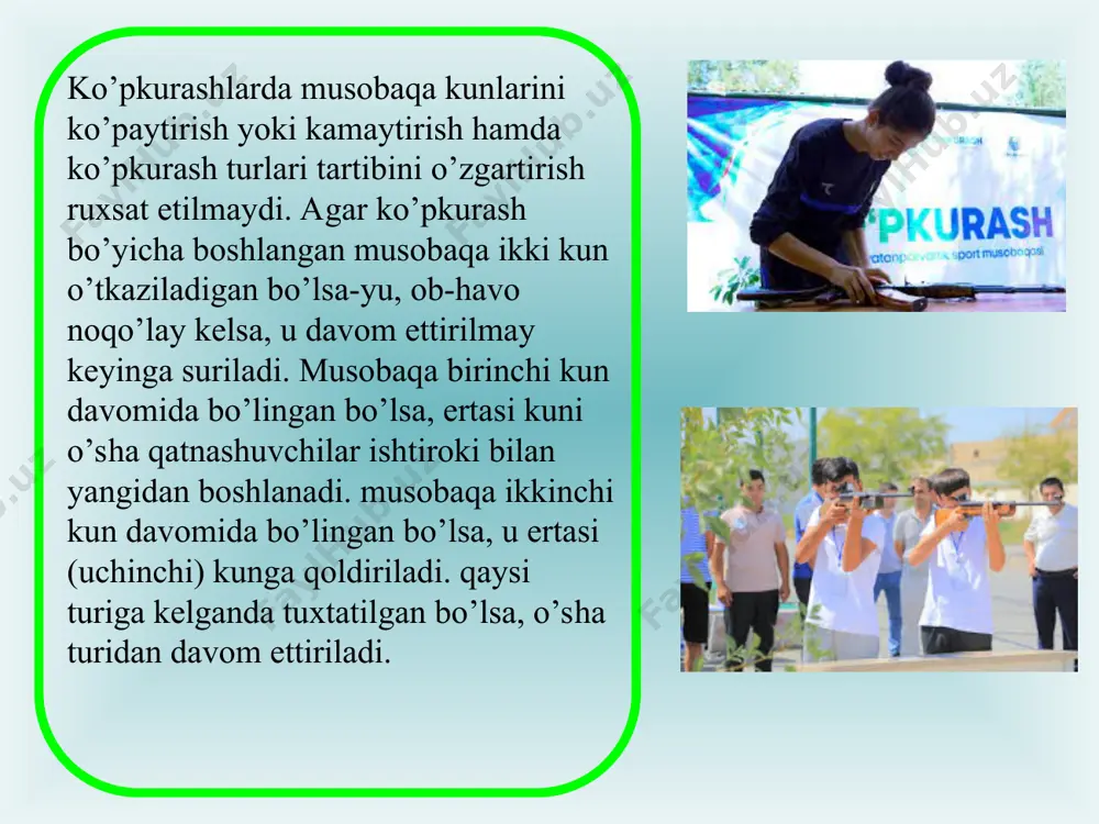 pshiriq beradi. 2. o`qituvchi o`quvchi haqidagi ma`lumotlar va yangi mashq-texnikasiga oid bilimlarga asoslanib plan tuzadi, o`rgatish metodi va usullarini tanlaydi. 3. o`qituvchi o`quvchini yangi xarakat bilan tanishtiradi. o`qituvchi bilan o`quvchining xarakat ko`nikmasini shakllantirish maqsadidagi bevosita aloqasi ana shundan boshlanadi. 4. o`qituvchi bilan o`quvchining bundan keyingi ishlari o`rganilayotgan mashq texnikasi asoslari haqida o`rgatishning: ko`rsatib berish, tushuntirish, modellarda xarakat konstruktsiyasini ko`rsatish va boshqa shu kabi tegishli usullar yordamida tasavvur shosil qilishga qaratilgan bo`ladi. o`qituvchi bilan o`quvchining shu tariqa tayyorgarlik kurishi xarakat topshiriqlarining bundan keyin amalda bajarilishi uchun zamin shozirlaydi. 5. shundan keyin o`qituvchi o`quvchiga mashqni, jumladan, qo`yidagicha bajarishni taklif qiladi: xarakatni yoki aloshida sholatni taqlid qilib ko`rsatish; mashqning xarakatning ayrim fazalarini ajratib ko`rsatish uchun ko`maklashib turib past sur`at bilan bajarish; xarakatni maksimal oson sharoitda, masalan, trenajyorda takrorlash. 6. o`quvchining mashq bajarish jarayonida o`qituvchi: xarakatlar bajarilishini kuzatib turishi, turli usul va priyomlardan foydalanib, yordamlashib turishi, topshiriqning bajarilishi natijalarini tashlil qilib borishi va zarurat …