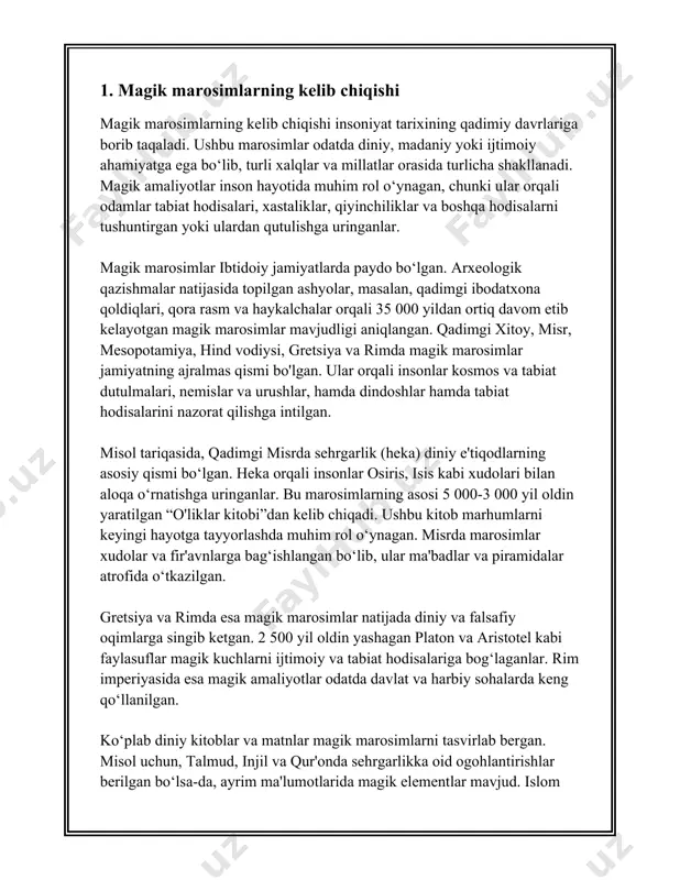a yechim topishga intilganlar. ushbu marosimlarning ba’zilari bugungi kungacha saqlanib qolgan va xalqaro etnografiya sohasida qiziqish uyg‘otib keladi. o‘zbekistonda magik marosimlar asosan tabiatni anglash, mo‘l-ko‘lchilikka erishish, himoya qilish, shifo topish va omad keltirish maqsadida amalga oshirilgan. bu marosimlar ko‘pincha qadimgi xalq e’tiqodlari, islomgacha bo‘lgan urf-odatlar va islom festivallari bilan uyg‘unlashgan. marosimlarda turli xil obyektlar, masalan, suv, olov, tuproq va havodan foydalanilgan. birinchidan, "navro‘z" bayramini alohida ta'kidlash lozim. bu bayram asosida xalq e’tiqodida yangi yilning boshlanishi sifatida qabul qilingan kunlarning bir qismi oilaviy va mahalliy bayramlar bilan nishonlanadi. ushbu kunlarda turli xil magik amallar, masalan, suv, yong‘in va o‘simliklardan foydalanib o‘tkazilgan marosimlar amalga oshiriladi. marosimlar jarayonida xalq "bahor otalarini uyg‘otish" va "er yuzini yangilash" maqsadida qilinadigan turli qilingan urf-odatlar, masalan, soyasiga suv sepish va gul ekish bilan shug‘ullanadi. ikkinchidan, she’rlarni o‘qish va fol ochish kabi an’analar ham qadimgi turkiston hududida keng tarqalgan edi. misol tariqasida, “yor-yor” marosimi o‘zbek xalqining taniqli amallaridan …