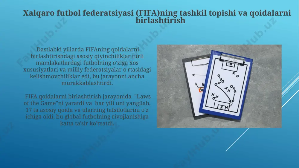 futbolchisidan iborat bo'lib, o'yin davomida maksimal 3 nafar futbolchini almashtirish mumkin. o'yin 90 daqiqadan iborat bo'lib, ikki 45 daqiqalik bo'limdan va hakam tomonidan belgilanadigan qo'shimcha vaqtlarni o'z ichiga oladi, unda ofsayd qoidasi, sariq va qizil kartochkalar kabi intizomiy choralar qo'llaniladi. angliya maktablari va universitetlari futbolining ta'siri angliya maktablari va universitetlaridagi futbol jamoalari oʻrtasidagi oʻyinlar 19-asrning oxirida rasmiy qoidalarni ishlab chiqishga turtki boʻldi, bu esa zamonaviy futbolning asosini tashkil etdi. kembrij va oksford universitetlari oʻrtasidagi anʼanaviy oʻyinlar 1860-yillardan boshlab oʻzining noyob qoidalari va oʻyin uslublari bilan futbolning rivojlanishiga sezilarli taʼsir koʻrsatdi. e'tiboringiz uchun rahmat @taqdimot_robot image1.jpg image2.jpg image3.jpg image4.jpg image5.jpg image6.jpg image7.jpg image8.jpg image9.jpg