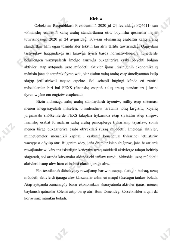 sharayatında aktivler ijarası menen baylanıslı qatnaslar kólemi artıp barıp atır. bunı tómendegi kórsetkishler arqalı da kóriwimiz múmkin boladı. 1.ijara esabınıń qollanılıwı hám atamaları 2023-jıl yanvar -aprel aylarında ijara xızmetlerin 2 177, 3 mlrd. swmga jetip, jámi kórsetilgen xızmetler kóleminde olardıń úlesi 1, 6 % ni quradı. ótken jıldıń uyqas dáwirine salıstırǵanda ósiw páti 103, 9 % ni shólkemlesken. bul xızmet túri boyınsha joqarı ósiw pátleri tashkent qalası (115, 4 %) hám samarqand (109, 8 %) wálayatında baqlanǵan. bul kórsetkish ótken jıldıń uyqas dáwiri menen salıstırılǵanda 3, 9 % ga asqan. 2024-jıl 1-yanvar jaǵdayına salıq shólkemlerinde 531 757 kóshpelis múlk ijara shártnaması esapqa qoyılǵan. kóshpelis múlk ob'yektlari sanı 300 876, bunıń menen baylanıslı ijara summası 8 661, 9 mlrd sumdı quraǵan. yuridikalıq shaxslar arasında dúzilgen 144, 9 mińnen aslam ijara shártnaması tiykarında 561, 6 mlrd swm salıq esaplanıp, ótken jıldıń uyqas dáwirine salıstırǵanda ijara shártnamaları sanı 30, 2% hám esaplanǵan salıq …