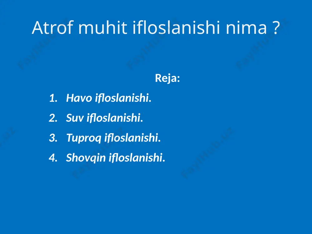 ishi oqibatida vafot etadi yoki oʻrtacha umr koʻrish davomiyligining qisqarishiga (2,9 yil) sabab boʻladi va bu kamida 2015-yildan buyon sezilarli progressga erishmagan dunyodagi eng katta ekologik xavf hisoblanadi. ichki havoning ifloslanishi va shahar havosining yomon sifati dunyodagi eng zaharli ifloslanish muammolaridan ikkitasi sifatida blacksmith instituti tomonidan 2008-yildagi dunyoning eng ifloslangan joylari hisobotida qayd etilgan. . atmosfera ifloslanishi inqirozining koʻlami juda katta: dunyo aholisining 90 foizi maʼlum darajada toza boʻlmagan havodan nafas oladi. sogʻliq uchun yomon oqibatlari keng boʻlsa-da, muammoni hal qilish usuli asosan tasodifiy yoki eʼtibordan chetda qolgan havoning ifloslanishi natijasida hosildorlikning yoʻqolishi va hayot sifatining yomonlashishi jahon iqtisodiyotiga yiliga 5 trillion dollarga tushadi. ularni birnecha mingdan ortiq turlari mavjud. atrof-muhitganga ta'siri bo'yicha sanoat korxonalari chiqindilarini miqdori bo'yicha: energetika (31%); avtomobilsozlik (24%); qora metallurgiya (14%); qurilish materiallari sanoati (11%); rangli metallurgiya (7%); neftni qaytaishlash (5%); kimyo sanoati (4%) va qolganlari boshqa tarmoqlarga tug'ri keladi. atrofmuhitni ifloslantiruvchi yana bir kimyoviy moddalardan …