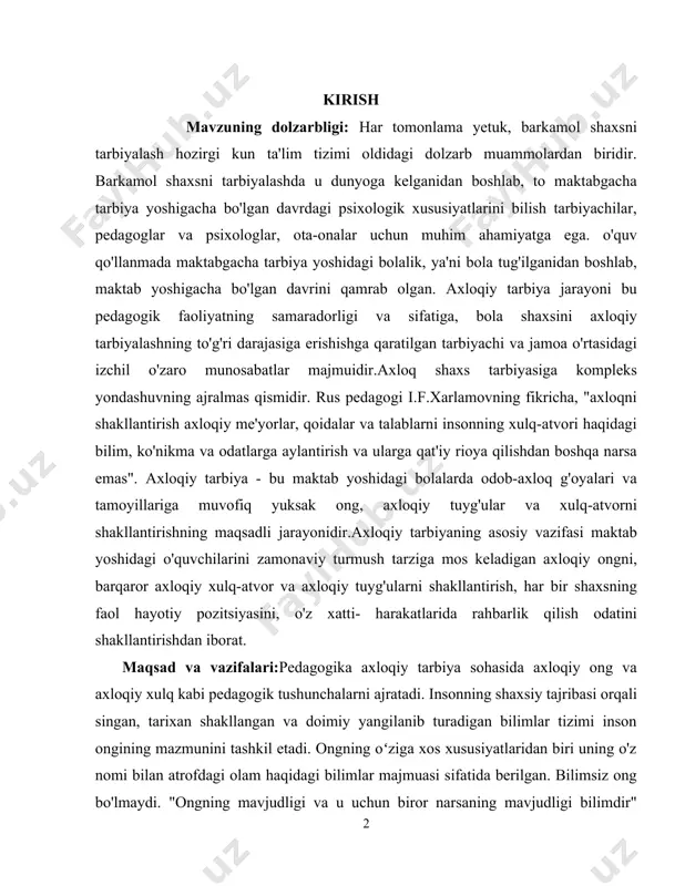 vazifasi maktab yoshidagi o'quvchilarini zamonaviy turmush tarziga mos keladigan axloqiy ongni, barqaror axloqiy xulq-atvor va axloqiy tuyg'ularni shakllantirish, har bir shaxsning faol hayotiy pozitsiyasini, o'z xatti- harakatlarida rahbarlik qilish odatini shakllantirishdan iborat. maqsad va vazifalari:pedagogika axloqiy tarbiya sohasida axloqiy ong va axloqiy xulq kabi pedagogik tushunchalarni ajratadi. insonning shaxsiy tajribasi orqali singan, tarixan shakllangan va doimiy yangilanib turadigan bilimlar tizimi inson ongining mazmunini tashkil etadi. ongning oʻziga xos xususiyatlaridan biri uning o'z nomi bilan atrofdagi olam haqidagi bilimlar majmuasi sifatida berilgan. bilimsiz ong bo'lmaydi. "ongning mavjudligi va u uchun biror narsaning mavjudligi bilimdir" ijtimoiy tajriba jamoat axloqiy ongida o'z aksini topadi: axloqiy g'oyalar, nazariyalar, tushunchalar kishilarning faoliyat va muloqot jarayonida rivojlanadigan real munosabatlarini aks ettiradi. e'tiqod axloqiy ong shakllanishining eng yuqori darajasi. ular shaxsning harakatlari, harakatlarining tartibga soluvchisiga aylanadi. shaxsning axloqiy barqarorligi ularga booʻliq. ishontirish axloqiy tushunchalar tizimini kuchli o'zlashtirish, axloqiy tuyg'ularni rivojlantirish, xatti-harakatlar va munosabatlar tajribasini umumlashtirish bilan tavsiflanadi. …