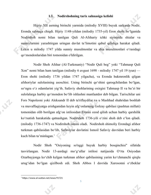 a u faqat o'zining rivojlanishi bilan qiziqdi. rivoyatlarga ko‘ra, 1704-yilda, u 17 yoshga to‘lganida, talonchi o‘zbeklar guruhi xuroson viloyatiga bostirib kirgan va u yerda nodir onasi bilan yashagan. ular ko'plab dehqonlarni o'ldirishdi. nodir va uning onasi qullikka olib ketilganlar orasida edi. uning onasi asirlikda vafot etgan. boshqa bir hikoyaga ko'ra, nader kelajakda yordam va'da qilib, turkmanlarni ishontirishga muvaffaq bo'lgan. nodir 1708 yilda xuroson viloyatiga qaytib keldi. 15 yoshida u gubernatorning mushketyori bo'lib xizmat qiladi. u martaba ko‘tarilib, hokimning o‘ng qo‘li bo‘ldi. nodir 1502 yildan beri eronni boshqarib kelayotgan safaviylar sulolasining soʻnggi yillarida oʻsgan. safaviylar eroni buyuk abbos kabi arboblar davrida qudratli imperiya boʻlgan edi, ammo 18-asr boshlarida davlat jiddiy tanazzulga yuz tutdi. hukmronlik qilayotgan shoh soltan husayn esa zaif hukmdor edi. sulton husayn qandahorda g‘ilzay afg‘onlarining qo‘zg‘olonini bostirishga uringanida, gubernator mehmandust g‘alabasidan uch oy oldin nodir usmonlilar sultoni ahmad iiiga (1703-30 yillar hukmronligi) yordam so‘rab maktub yo‘llagan edi, chunki taxmasb …