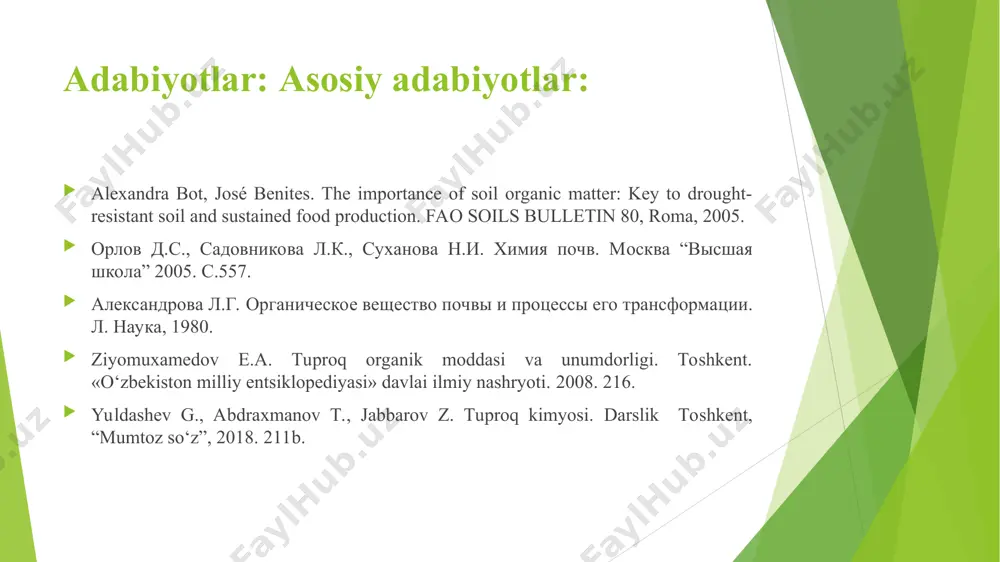 di. quruq moddalarning qolgan qismi uglerod (c), kislorod, vodorod (h) va oz miqdorda oltingugurt (s), azot (n), fosfor (p), kaliy (k), kaltsiy (ca) va magniy (mg) dan iborat. tuproqning organik moddalari turli komponentlardan iborat. ularga mikroorganizmlar (10-40%) va doimiy yoki barqaror organik moddalar (40-60%) kiradi va gumus deb ham ataladi. o'zbekiston milliy universiteti, 2023 1 - ma’ruza: organik moddalarning parchalanishi va tuproq oziq zanjiri reja: kirish. tuproq organic qismi tuproqda organic moddalarning guruhlanishi tuproqdagi nospesifik organic birikmala. tuproq gumusi – spesifik organic moddalar kompleksi mikroorganizmlar ishtirokida organic qoldiqning o’zgarishi tuproqning organik qismi. tuproqning organik qismi uning sifatini, unumdorligini belgilovchi asosiy omil. tuproqning fizikaviy va kimyoviy xossalari, qishloq xo’jalik ekinlarining hosildorlik darajasi, asosan tuproq organik qismining miqdori va sifati bilan chambar - chas bog’liq. shuning uchun tuproqdagi organik moddalar balansi, uning kengaytirilgan holda qayta tiklanishi - agronomlaming alohida g’amxo’rligi va diqqat e’tiborida bo’lishi lozim. tuproqning organik qismi turli xildagi va tarkibdagi …