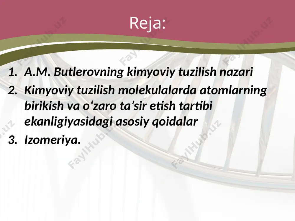 bilan aniqlash mumkin. ikkinchi holat. bir xil molekulyar massaga, sifat va miqdoriy tarkibga ega bo‘lgan, lekin kimyoviy tuzilishi, fizik va kimyoviy xossalari turlicha bo‘lgan moddalar izomerlar deb ataladi. a.m. butlerov bu hodisani tushuntirib bera oldi. uning ta’kidlashicha, izomerlar turlicha kimyoviy tuzilishga ega bo‘lganliklari uchun ham turli xil xossalarga ega bo‘ladi. uchinchi holat. xlorid kislotadan turli metallar vodorodni osonlik bilan siqib chiqaradi, suvdagi vodorod atomlarini esa faqat ishqoriy va ishqoriy-yer metallar siqib chiqara oladi. a.m. butlerovning fikricha, molekula hosil bo‘lishida atomlar bir-biri bilan kimyoviy moyillik hodisasi asosida o‘zaro ta’sirlashadilar. image2.jpg image3.jpeg image4.jpeg image5.jpeg image6.jpeg image7.jpeg image8.jpeg image9.jpeg image10.jpeg image11.jpeg image12.png image13.jpeg image14.jpeg image15.png image16.jpeg image17.jpeg image18.jpeg image19.jpeg image20.gif image21.png image22.jpeg image23.jpeg image24.jpeg image25.jpeg image26.png image1.jpg researcher drawing atom symbol and dna on glass /docprops/thumbnail.jpeg