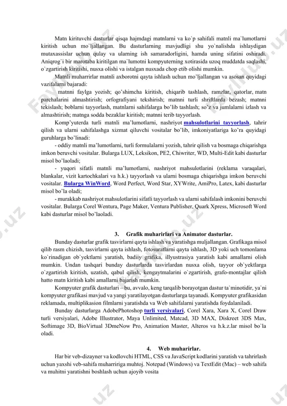 adi: matnni faylga yozish; qo’shimcha kiritish, chiqarib tashlash, ramzlar, qatorlar, matn parchalarini almashtirish; orfografiyani tekshirish; matnni turli shriftlarda bezash; matnni tekislash; boblarni tayyorlash, matnlarni sahifalarga bo’lib tashlash; so’z va jumlalarni izlash va almashtirish; matnga sodda bezaklar kiritish; matnni terib tayyorlash. komp’yuterda turli matnli ma’lumotlarni, nashriyot mahsulotlarini tayyorlash, tahrir qilish va ularni sahifalashga xizmat qiluvchi vositalar bo’lib, imkoniyatlariga ko’ra quyidagi guruhlarga bo’linadi: - oddiy matnli ma’lumotlarni, turli formulalarni yozish, tahrir qilish va bosmaga chiqarishga imkon beruvchi vositalar. bularga lux, leksikon, pe2, chiwriter, wd, multi-edit kabi dasturlar misol bo’laoladi; - yuqori sifatli matnli ma’lumotlarni, nashriyot mahsulotlarini (reklama varaqalari, blankalar, vizit kartochkalari va h.k.) tayyorlash va ularni bosmaga chiqarishga imkon beruvchi vositalar. bularga winword, word perfect, word star, xywrite, amipro, latex, kabi dasturlar misol bo’la oladi; - murakkab nashriyot mahsulotlarini sifatli tayyorlash va ularni sahifalash imkonini beruvchi vositalar. bularga corel wentura, page maker, ventura publisher, quark xpress, microsoft word kabi dasturlar misol bo’laoladi. …