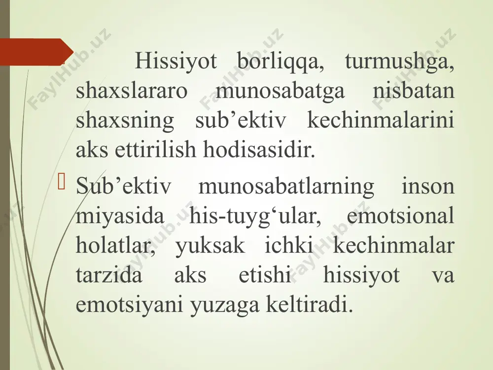ham kechiriladi. odam o‘zining ijtimoiy burchlari nimalardan iborat ekanligini bilib va tushunibgina qolmay, balki ularni bajarish zarurligini ichdan his qilib qayg‘uradi. kishilar hayoti va faoliyatida o‘zaro yordamlashish, hamjihatlik, intilish va manfaatlar birligiga asoslangan o‘rtoqlik munosabatlari yuzaga keladi. o‘rtoqlik munosabatlarining yuksak cho‘qqisi do‘stlik hissida namoyon bo‘ladi. do‘stlik hissi o‘rtog‘iga mehribonlikda uni ko‘rish u bilan gaplashish o‘z fikr hislari bilan o‘rtoqlashishda namoyon bo‘ladi. haqiqiy do‘stlik hissi do‘stga nisbatan yuksak talabchanlik bilan bog‘liqdir. xato va kamchiliklarni tuzatishga ham yordam berish, do‘stlikka yaqin bo‘lgan muhim axloqiy his muhabbat hissidir. muhabbat jamiyatda nikoh va oilaning axloqiy psixologik asosi hisoblanadi. estetik hislar ham yuksak ahloqiy hislardan hisoblanadi. estetik his deganda biz go‘zallikni idrok qilish, go‘zallikdan zavqlanish va go‘zallik yaratishga intilishni tushunamiz. estetik hissiyot hamma odamlarga xos bo‘lgan hissiyotdir. atrofdagi tabiat manzaralari estetik hissiyotlarimizning birinchi manbai hisoblanadi. intellektual hissiyotlar ham o‘z mohiyati jihatidan ahloqiy hissiyotlarga yaqin bo‘lgan hissiyotlardir. intellektual hissiyotlar odamning bilish jarayoni bilan bog‘liq bo‘lgan hissiyotlar …