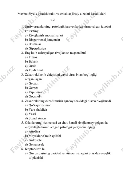 siydik ajratish trakti va erkaklar jinsiy a’zolari kasalliklari test — DOCX