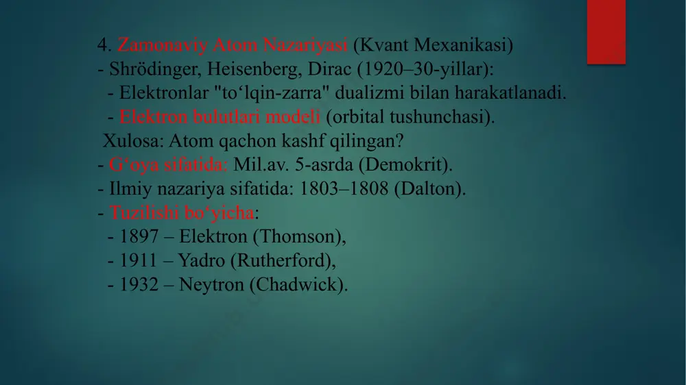 va energiyasi tushuntiriladi. suyuq tomchi modeli va qobiq modeli yadroning fizik xususiyatlarini tushunishga yordam beradi. bu bilimlar yadroviy energetika, tibbiyot, astrofizika va boshqa ko‘plab sohalarda qo‘llaniladi. shunday qilib, atom yadrosining tuzilishini o‘rganish bizga mikrodunyo sirlarini ochib berishga, tabiatning chuqur qonuniyatlarini tushunishga va zamonaviy texnologiyalarning asosini yaratishga xizmat qiladi.losa foydalanilgan adabiyotar 1. krane, kenneth s. – introductory nuclear physics yadro fizikasi asoslarini chuqur tushuntiradi, talabalar va o‘qituvchilar uchun juda foydali manba. 2enge, harold a. – introduction to nuclear physics yadro kuchlari, yadro modellari va zarracha fizikasi haqida aniq va soddalashgan tushunchalar beradi. 3. burcham, w.e. & jobes, m. – nuclear and particle physics yadro va zarracha fizikasi integratsiyasini tushuntiradi. 4. clement j. – modern nuclear chemistry yadroviy kimyo va fizikani birlashtiruvchi mukammal darslik. 5. shultis, j.k. & faw, r.e. – fundamentals of nuclear science and engineering yadro energiyasi, radiatsiya xavfsizligi va reaktorlar haqida. 6. greiner, walter – nuclear models qobiq modeli, …