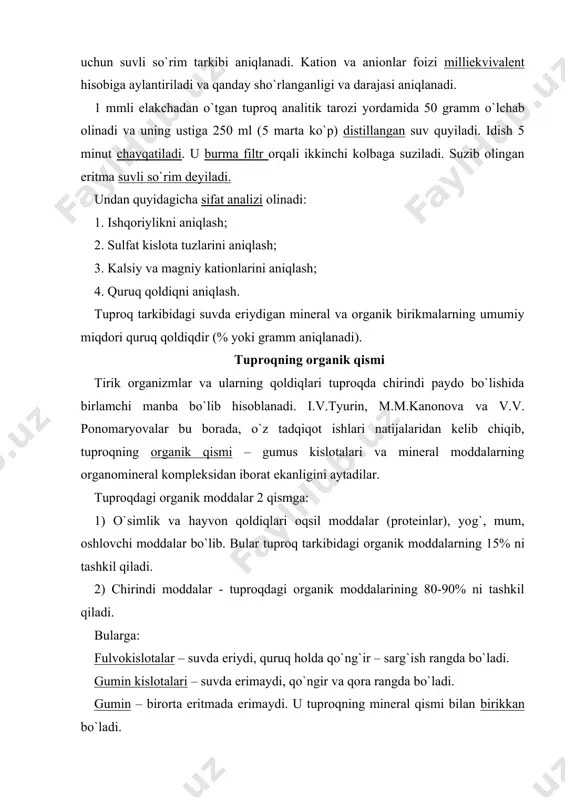 an unumdorlikka ega. unumdorlik tuproqdagi fizik, kimyoviy va biologik jarayonlarning oqibatidir. u bitta, ikkita omilga bog`liq emas. tog` jinslari maydalanib ozuqa moddalarni ushlanib qolishiga imkon yaratadi. bu esa o`z navbatida mikroorganizmlarning kirib kelishiga imkon beradi. natijada «tuproq-organizmlar» o`rtasida modda va energiyaning kichik biologik aylanma halqasi hosil bo`ladi. o`simlik tomirlari tuproqdagi kul (zol) moddalarni yuqoriga ko`taradi. pirovard natijada biologik aylanma harakat tuproqda unumdorlikning hosil bo`lishiga sabab bo`ladi. demak o`simliklar evolyutsiyasi tufayli unumdorlik orta boradi. o`simliklar uchun ozuqa moddalardan tashqari nam va havo ham muhim omillardan hisoblanadi. shu bilan birga strukturali tuproqlarda unumdorlik yuqori bo`ladi. unumdorlik tabiiy va sun'iy bo`ladi. dehqon unumdorlikni oshirish uchun agromeliorativ tadbirlarni olib boradi va buning natijasida “dehqon kimyosi” degan tushuncha hosil bo`ladi. dehqon texnikasi, ularning soni, sifati tuproq unumdorligiga katta ta'sir qiladi. bu o`z navbatida mehnatning oqibatidir. demak, unumdorlik kimyoviy, fizik, biologik va antropogen jarayonlarning uyg`unligi oqibatidir. unumdorlik tuproqdagi ozuqa moddalarining o`zlashtirilish darajasiga qarab: imkoniy va samarali …