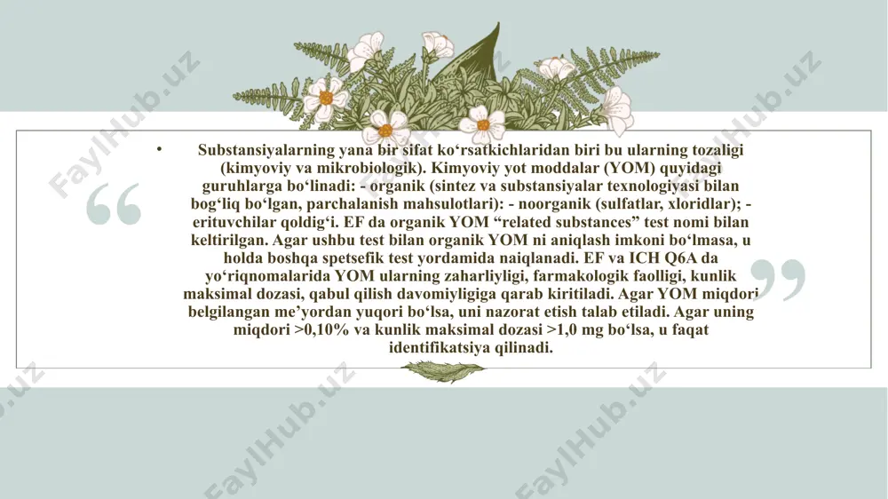 lik mavjud, bu sezgir lik vaqtga qarab o‘zgarishi mumkin; -ba’zi inyeksion dori vositalari, texnologik jihozlar va materiallarning pirogenligini aniqlash mumkin emas:radiofarmatsevtik preparatlar, spetsefik haroratni ko‘taruvchi (vaksinalar,platsenta preparatlari, metilen ko‘ki va b.) yoki tushiruvchi (kalsiy glyukonat, kortikosteroidlar, neyroleptiklar va b.) preparatlar, hayvonlar fiziologik holatini o‘zgartirib yuboradigan preparatlar (narkoz uchun, tinchlantiruvchi va sedativ vositalar, yurak glikozidlari va b.) organizm sezgirligiga ta’sir etuvchi preparatlar va b. hozirda pirogenlikni aniqlashda yuqorida qayd etilgan usul bilan bir qatorda “bakterial endotoksinlar” testidan foydalanilmoqda. ushbu usul bakterial endotoksinlarni qonni ivishini chaqirishiga asoslangan. 14 gistaminni aniqlash gistamin (depressor moddalar) ni aniqlash. bu ko‘rsatkich faqat qon tomirlari ichiga yuboriladigan substansiyalarda bemorlarning dori vositasini qabul qilganida arterial bosimni tushib ketishining oldini olish maqsadida aniqlanadi (ishlab chiqarish jarayonida bexosdan dori vositasi tarkibida gipotenziv (depressor) modda hosil bo‘lishi ehtimoli). bunday hollarda hayvon va inson to‘qimalaridan yoki mirobiologik sintez yo‘li bilan olingan organopreparatlar (antibiotiklar) ayniqsa havfli hisoblanadi. ular tarkibida yuqori faol depressiv moddalar …