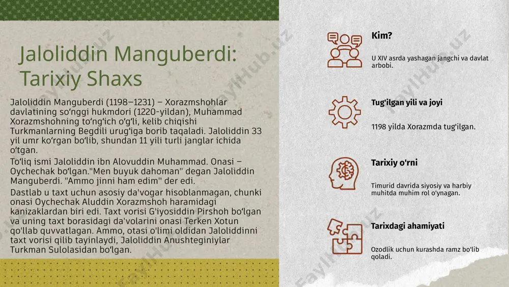 atlari milliy ongni shakllantirishda katta rol o'ynagan. tarixiy joylar va yodgorliklar orasida manguberdi shahrining qadimiy qoldiqlari va uning atrofidagi muhim arkeologik ziyoratgohlar bor. bu joylar uning hayoti va faoliyatiga oid muhim tarixiy ma'lumotlar bilan to'la. o'zbekiston madaniyatida manguberdi figuralarining o'rni katta. u milliy an'analarning, folklor va adabiyotning bir qismi bo'lib, yosh avlodga vatanparvarlik va jasorat timsoli sifatida ta'sir qiladi. merosni saqlash uchun madaniyat markazlari va tarixiy muassasalar faoliyat olib boradi. manguberdi: zamonaviy qabul zamonaviy o'zbekistonda jaloliddin manguberdi obrazining ta'siri kengaymoqda. u milliy birlik va qahramonlik ramzi sifatida yangi avlod uchun muhim ilhom manbaiga aylangan. yangi film va kitoblarda manguberdi tasvirlari modernizatsiya qilinmoqda, uning obrazlari zamonaviy kontekstda yangicha talqin etilmoqda. bu, milliy tarix va madaniyatni yoshlar orasida qiziqarli qilish uchun muhimdir. manguberdi yoshlar uchun milliy g'urur va mustaqillik ruhini mustahkamlashda muhim rol o'ynaydi. uning zamonaviy qabul qilinishi, milliy identitet va madaniyat rivojiga ijobiy ta'sir ko'rsatmoqda. jaloliddin manguberdi: jangovar strategiyalari strategiyalar va …