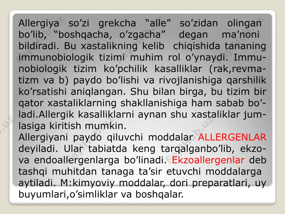 oblokatorlar gistamin h1-reseptorlarini to’sib, mavjud barcha o’zgarishlarni bartaraf qiladi yoki ularning rivoj topishiga yo’l qo’ymaydi. masalan: gistamin—keltirib chiqaradigan qon tomirlari kengayishini yo’qotib, ularni toraytiradi, qon tomir devorining o’tkazuvchanligini kamaytiradi, qon bosimini normallashtiradi, qisqargan silliq mushaklarni bo’shashtiradi, bronxlarni kengaytiradi. boshqacha aytganda, allergiya holatiga xos bo’lgan belgilarni (shish, qizarish, qichitma, og’riq va hk) yo’qotadi. h1-gistaminoblokatorlar h2-gistaminoblokatorlarga ta’sir etmagani uchun gistamin ta’sirida hcl ning ajralishi o’zgar maydi. shu sababli, bu preparatlar allergiya xastaligining deyarli hamma turida beriladi. h1-gistaminoblokatorlar me’da ichak dan yaxshi so’riladi. ularning ayrimlarini parenteral usulda yuborsa xam boladi.ular ichida tavegilning ta’sir etish muddati 2 barobar (8-12 soat) uzoq. nojo’ya ta’sirlari: og’iz qurishi, uyquchanlik va umumiy bo’- shashishdan iborat. jigar va buyrak xastaligida ehtiyotlik bilan ishlatiladi. h2—gistaminoblokatorlar ta’siri va farmakologik samarasi- ga ko’ra h1—gistaminoblokatorlardan farq qiladi.ular me’da shilliq qavatida joylashgan prietal hujayralar h2—gistaminoreseptorlarni tormozlab, hcl ishlab chiqarilishini susaytiradi. h2—antigistamin dorilar me’da shirasidagi pepsin fermenti miqdoriga deyarli ta’sir etmaydi, shira ajralishini kamaytiradi ular …