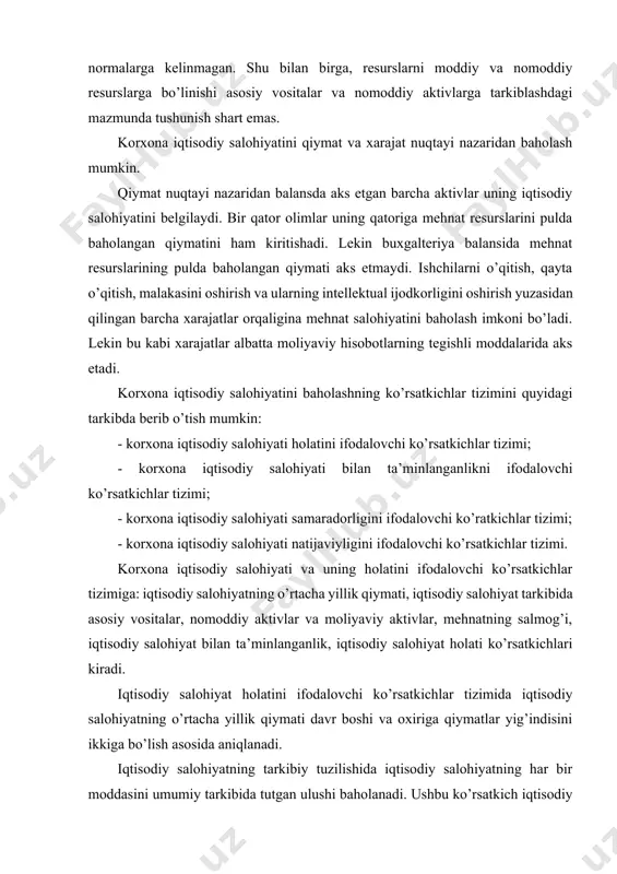 ’liq ko’rsatkichlar kiritiladi. korxona iqtisodiy salohiyatini baholovchi ko’rsatkichlar tizimi iqtisodiy salohiyat holatini ifodalovchi ko’rsatkichlar iqtisodiy salohiyat bilan ta’minlanganlikni ifodalovchi ko’rsatkichlar iqtisodiy salohiyat samaradorligini ifodalovchi ko’rsatkichlar iqtisodiy salohiyat natijaviyligini ifodalovchi ko’rsatkichlar iqtisodiy salohiyatning o’rtacha yillik qiymati is1+is2/2... korxona aktivlarining iqtisodiy salohiyat bilan ta’minlaganligi a/is iqtisodiy salohiyat samaradorligi yam,st/is iqtisodiy salohiyat natijaviyligi sf/is*100 iqtisodiy salohiyatning tarkibiy tuzilishi holatini ifodalovchi ko’rsatkichlari av, na, ja,... aktivlar tarkibiy tuzilishining iqtisodiy salohiyat bilan ta’minlanganligi av, na, ja,.../is iqtisodiy salohiyatning tarkibiy tuzilishining samaradorligi yam,st / av, na,ja,... iqtisodiy salohiyat tarkibiy tuzilishining natijaviyligi sf/ av,na,ja,...*100 korxona iqtisodiy salohiyati holati, tarkibi, samaradorligi va natijaviyligi tahlili metodikasi ko’rsatkichlar moliyaviy hisobot shakli va satri iqtisodiy salohiyat holati* iqtisodiy salohiyat bilan ta’minlanganlik iqtisodiy salohiyat samaradorligi iqtisodiy salohiyat natijaviyligi 1. uzoq muddatli aktivlar 1sh-130 130 130/xs q, st/130 yaf, sf/130 asosiy vositalar qoldiq qiymati 1sh-012 012 012/xs q, st/012 yaf, sf/012 nomoddiy aktivlar qoldiq qiymati 1sh-022 022 022/xs q, st/022 yaf, sf/022 uzoq …