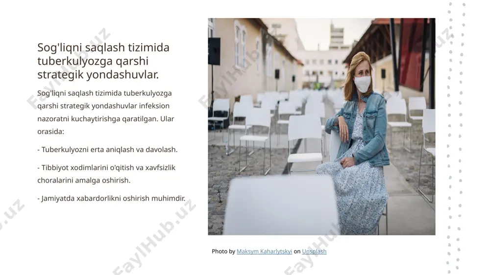 saqlash muassasalarida tuberkulyozga oid ta'lim dasturlari, kasallikning profilaktikasini va uning alomatlarini tan olishni o'rgatadi, aholini jalb qiladi. ijtimoiy tarmoqlar ijtimoiy tarmoqlar orqali tuberkulyozga qarshi kampaniyalar o'tkazish, keng auditoriyani jalb etish va kasallik haqida ma'lumot tarqatish uchun kuchli platforma hisoblanadi. xulosa tuberkulyozga qarshi kurash tuberkulyozga qarshi kurashda profilaktika usullari va strategiyalar, sog'liqni saqlash tizimida muhim o'rin tutadi. innovatsion yechimlar yordamida samarali natijalarga erishish mumkin. jamoatchilik ishtiroki sog'liqni saqlash muassasalarida tuberkulyozni oldini olishda jamoatchilik ishtiroki muhim ahamiyatga ega. ommaviy tushuntirish va ta'lim, infeksiyaning tarqalishini kamaytiradi. xalqaro tajribalar o'zbekistonda tuberkulyozni oldini olishda xalqaro tajribalar va muvaffaqiyatli strategiyalarni o'rganish, milliy dasturlarni takomillashtirishga yordam beradi. bu, sog'liqni saqlash tizimini mustahkamlaydi. e'tiboringiz uchun rahmat! image1.jpg image2.jpg image3.jpg /docprops/thumbnail.jpeg