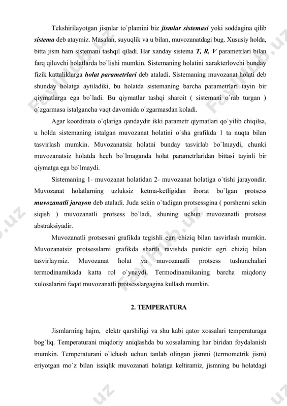 ziq bilan tasvirlaymiz. muvozanat holat va muvozanatli protsess tushunchalari termodinamikada katta rol o`ynaydi. termodinamikaning barcha miqdoriy xulosalarini faqat muvozanatli protsesslargagina kullash mumkin. 2. temperatura jismlarning hajm, elektr qarshiligi va shu kabi qator xossalari temperaturaga bog`liq. temperaturani miqdoriy aniqlashda bu xossalarning har biridan foydalanish mumkin. temperaturani o`lchash uchun tanlab olingan jismni (termometrik jism) eriyotgan mo`z bilan issiqlik muvozanati holatiga keltiramiz, jismning bu holatdagi temperaturasini 0 gradus deb olamiz va jismning temperaturasini o`lchash uchun biz qo`llamoqchi bo`lgan xossasini (temperatura belgisini) miqdoriy jihatdan xarakterlaymiz. bunday belgi sifatida jismning hajmi tanlab olingan va uning 0° dagi qiymati v0 ga teng deb faraz qilamiz. so`ngra usha jismning o`zini atmosfera bosimi ostida kaynayotgan suv bilan issiqlik muvozanati holatiga keltiramiz, bu holatda uning temperaturasi 100° ga teng deb olamiz va unga mos keladigan v100 hajmni aniqlaymiz. bu tanlab olgan temperatura belgisi (bu misolda — hajm) temperatura o`zgarishi bilan chiziqli o`zgaradi deb hisoblab, termometrik jismning hajmi v bo`lgan …