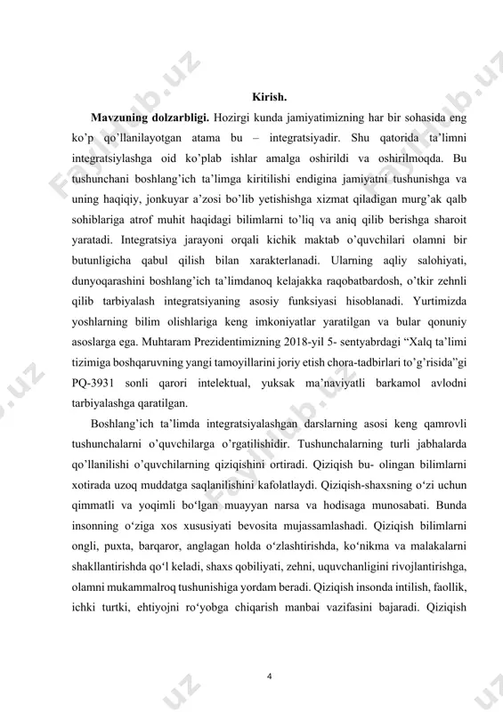 ridir. kurs ishning maqsadi. birinchi navbatda, fanlararo aloqadorlikni yo’lga qo’yish uchun qaysi darslarning bir biriga mos kelishini aniqlash lozim. tushunchalarning, ma’lumotlarning mazmuni o’zaro yaqinligi va mantiqiy aloqalariga qarab integratsiyalash jarayoni amalga oshiriladi. integratsiyalash jarayonida dars va darsliklar orasida vertikal va gorizontal yo’nalishlarda mos tushushini aniqlash juda muhim hisoblanadi. aloqaga kirishayotgan tushunchalar bir-biriga mos bo’lishi, birbirini to’ldirishi ahamiyatlidir. darsliklar asosida integratsiyalashning vertikal uslubi o’quvchi bir tushuncha o’rganib bo’ldi, keyinroq boshqa fanda shu tushunchaga mos bo’lgan atamaga duch kelsa, ma’lumot sifatida oldin o’rganilgan tushuncha yodga olinadi va bu tushuncha bilan birlashtiriladi. kurs ishning vazifalari: – boshlangʼich sinflarda darslarni tashkil etishning pedagogik shart sharoitlari haqida ma’lumotlar yig‘ish; – boshlangʼich sinflarda darslarni tashkil etishning pedagogik shart sharoitlari bilan tanishish; – boshlangʼich sinflarda darslarni tashkil etishning pedagogik shart sharoitlarini o‘rganishdagi samaradorligini o‘rganish. kurs ishining ob’ekti: boshlangʼich sinflarda darslarni tashkil etishning pedagogik shart sharoitlarihaqida umumiy tushuncha va bilim hosil qilish hisoblanadi. kurs ishning predmedi: – boshlangʼich …