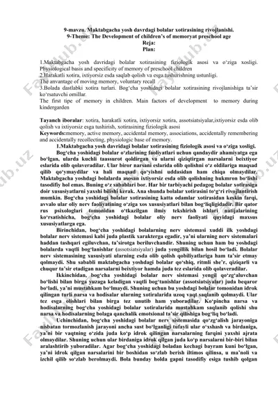 maktabgacha yosh davridagi bolalar xotirasining rivojlanishi — DOC