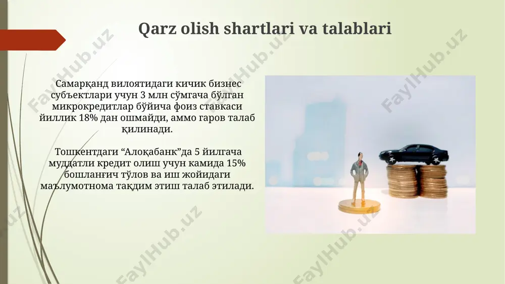 . qarz muddati va amortizatsiya қарз муддати 10 йил бўлган кўчмас мулкка олинган кредит учун тошкент шаҳридаги банк, йиллик 12% фоиз ставкаси ва аннуитетли амортизация усулини қўллайди. бу ҳар ой бир хил миқдорда тўлов қилишни англатади. агар корхона самарқанд вилоятида жойлашган бўлса ва 3 йил муддатга 50.000.000 сўм миқдоридаги қарзни олса, дифференциал амортизация схемаси бўйича фоиз тўловларининг бошланишида юқори, кейинчалик эса пасайиши кузатилади. kafolat va garov turlari самарқанд вилоятидаги кичик бизнес субъектлари учун 100 млн сўмгача бўлган микрокредитларни олишда, давлат кафолати дастури орқали 30% кафолат берилиши мумкин. тошкент шаҳридаги 5 та банкдан бирида 10 млн сўм миқдоридаги кредит олиш учун, 2 та ер участкаси ёки 3 та автомобильдан иборат гарoв тақдим этиш талаб этилиши мумкин. qarzning foiz stavkalari va to'lovlari toshkent shahridagi kichik biznes uchun beriladigan kreditlarning foiz stavkalari 15% dan 20% gacha, kredit miqdori 100 million so'mgacha bo'lsa, to'lov muddati 3 yilgacha cho'zilishi mumkin. o'zbekistonning ayrim banklarida mikroqarzlar uchun …