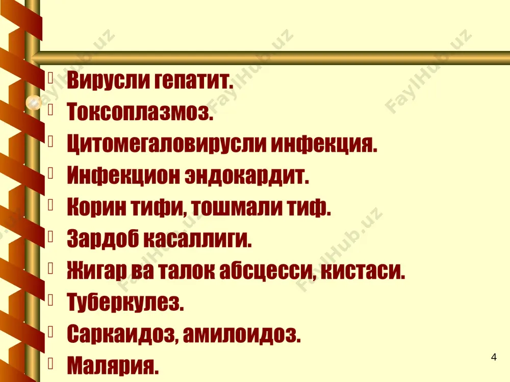 арта аникланганда носпецифик: субфебрилитет, куп терлаш, озиш, анемия белгилари, суякларда огрик. 34 см диагностикаси. умумий кон тахлили: анемия. тромбоцитоз лейкоцитоз 15-30х10*9/л, лейкопения булиши мумкин. лейкоформулада чапга силжиш: миелоцит, метамиелоцитлар пайдо булиши. эозинофил-базофил ассоциацияси 35 цитохимия: нейтрофиллар ишкорий фосфатазаси активлиги кескин ошган миелограмма: 1 боскичда гранулоцитопоэз эрта хужайралари ошган ва гранулоцитар усик ёшарган. 2 боскичда миелограммани санаш учун аспират олиш жуда мушкул. 36 трепанобиопсия: 1- боскич. гемопоэтик тукиманинг гранулоцитар ва мегакариоцитар усиклар хисобига кенгайиши, мегакариоцитлар диспластик белгилари: йирик, буш шакллар ошиши, ёг тукима камайиши. 2-боскич. кучли миелофиброз, гемопоэтик ва ёг тукимасини сикиб чикаради. гемопоэз оролчалар сифатида жойлашган. 3-боскич. бу оролчалар бласт хужайралардан иборат. 37 эритремия. эритремия (хакикий полицитемия, вакез касаллиги) миелоид табиатга эга сурункали лейкоз булиб, усма субстрати булиб етилган эритроцитлар хисобланади. бунда суяк кумигининг гранулоцитар ва мегакариоцитар усиклари пролиферацияси кузатилади. 38 суяк кумигида эритроид усик пролиферацияси хисобига гемопоэтик тукима кенгаяди. шикояти асосан микроциркуляция бузилишига боглик: бош огриши, бошда огирлик, иш …