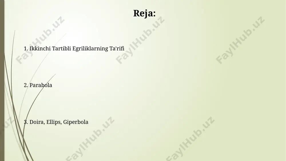 ² bo'lib, bu yerda r – doiraning radiusi hisoblanadi va doira markazi koordinatalar sistemasining bosh nuqtasida joylashgan. ellips ellipsning ekssentriteti 0 dan 1 gacha bo'lgan son bilan ifodalanadi va u ellipsning cho'ziqligi darajasini aniqlaydi; ekssentritet qanchalik kichik bo'lsa, ellips aylanaga shunchalik yaqin bo'ladi. ellipsning katta va kichik yarim o'qlarining uzunliklari orasidagi nisbat ellipsning shaklini aniqlaydi; masalan, 2:1 nisbat juda cho'ziq ellipsni, 1:1 nisbati esa aylanani hosil qiladi. egrilardagi asosiy parametrlar ellipsda kichik va katta yarim o'qlar (a va b) asosiy parametrlar bo'lib, ular ellipsning shaklini va o'lchamlarini aniqlaydi, masalan, a=5 va b=3 bo'lganda ellipsning cho'ziqligi aniqlanadi. parabolada fokus va direktrisa orasidagi masofa (p) asosiy parametr bo'lib, parabola shaklini va o'lchamini belgilaydi; masalan, p=4 bo'lganda parabola qanchalik tor yoki keng bo'lishini ko'rsatadi. e'tiboringiz uchun rahmat @taqdimot_robot image1.jpg image2.jpg image3.jpg image4.jpg image5.jpg image6.jpg image7.jpg
