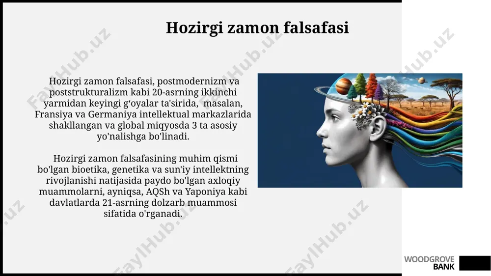 asiga katta ta'sir ko'rsatib, ekzistensializm va hermenevtika kabi yo'nalishlarning rivojlanishiga turtki bo'lgan. woodgrove bank ekzistensializm ekzistensializm, germaniya va skandinaviya mamlakatlaridagi 19-asr oxiri va 20-asr boshlarida paydo bo'lgan mavhum ifodalar bilan bog'liq bo'lib, inson qiymatlari va ma'nosi haqidagi savollarni ko'taradi. ekzistensializmning 20-asrning o'rtalarida, ayniqsa frantsiyada, satre va kamyu kabi mutafakkirlarning asarlari orqali keng tarqalishi uning falsafiy ta'sirini oshirdi. woodgrove bank postmodernizm postmodernizm lyotard, derrida va foucault kabi 20-asrning taniqli mutafakkirlari tomonidan rivojlantirildi va ko'pgina akademik sohalarga, shu jumladan adabiyot, san'at va siyosatga ta'sir ko'rsatdi. postmodernizm 1960-yillarning oxiri va 1970-yillar boshida, g'arb mamlakatlarida, ayniqsa, fransiyada, falsafa va madaniyatda keng tarqalgan falsafiy va madaniy harakat bo'lib, haqiqatning yagona manbasini rad etadi. woodgrove bank feminist falsafasi 19-asr oxiri va 20-asr boshlarida g'arbiy evropada va shimoliy amerikada paydo bo'lgan feminist falsafasi gender tengsizligini 3 toifaga ajratib, har birini chuqur tahlil qildi. feminist falsafaning asosiy vakillaridan biri simone de beauvoir bo'lib, u "ikkinchi jinsiylik" (1949) asarida …