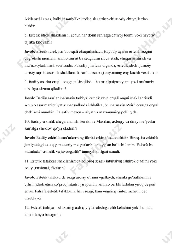uitsiya) ishtirok etadimi yoki aqliy (ratsional) fikrlash? javob: estetik tafakkurda sezgi asosiy o‘rinni egallaydi, chunki go‘zallikni his qilish, idrok etish ko‘proq intuitiv jarayondir. ammo bu fikrlashdan yiroq degani emas. falsafa estetik tafakkurni ham sezgi, ham ongning sintez mahsuli deb hisoblaydi. 12. estetik tarbiya – shaxsning axloqiy yuksalishiga olib keladimi yoki bu faqat ichki dunyo bezagimi? javob: estetik tarbiya nafaqat ichki dunyoni bezaydi, balki inson axloqini, madaniyatini, jamiyatdagi munosabatlarini shakllantiradi. go‘zallikka intilgan inson yomonlikdan yiroq bo‘lishga harakat qiladi. falsafa estetik tarbiyani komil inson tarbiyasining muhim sharti deb biladi. 13. go‘zallikning ijtimoiy va shaxsiy talqini o‘rtasida ziddiyat yuzaga kelganda, qaysi biri ustuvor bo‘lishi kerak? javob: go‘zallik talqini ko‘pincha individual hissiyotga asoslanadi, ammo jamiyatda bu subyektivlik ijtimoiy me’yorlar bilan uyg‘un bo‘lishi kerak. falsafa ushbu holatda muvozanatni topishni tavsiya qiladi – shaxsiy estetik zavq ijtimoiy ahloqiy qadriyatlarga zid bo‘lmasligi lozim. 14. san’at orqali jamiyatdagi muammolarni yoritish – bu estetik vazifa sanaladimi yoki ijtimoiy burch? …