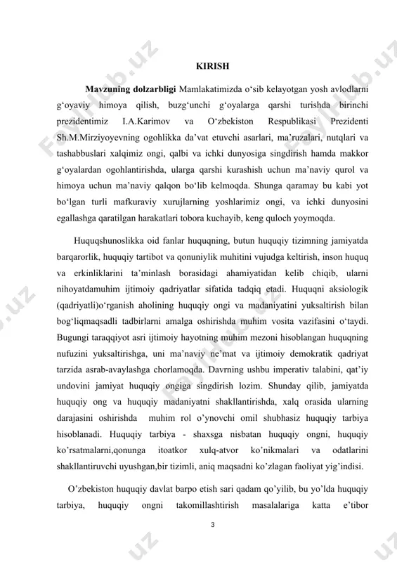 bo’lsa-da, jamiyatimizda inson huquq va erkinliklariga hurmat munosabatini shakllantirishga, aholining huquqiy ongi va huquqiy madaniyatini yuksaltirishga, jamiyatda fuqarolarning huquqiy savodxonligi darajasini oshirishga to’ sqinlik qiluvchi bir qator muammo va kamchiliklar saqlanib qolmoqda”. mavzuning o’rganilganlik darajasi bu haqda fikr yuritganda o‘zbekiston respublikasi prezidenti shavkat mirziyoyev qudagilarni ta’kidlaydilar: “barchamizga yaxshi ma’lumki, hozirgi kunda dunyo shiddat bilan o‘zgarmoqda. insoniyatning taqdiri va kelajagiga tahdid solayotgan xavf-xatarlar tobora kuchayib bormoqda”.[2] kurs ishining maqsadi va vazifalari vatanimizning shonli o‘tmishi va buyuk kelajagini uzviy bog‘lab turishga, o‘zimizni ulug‘ ajdodlarimiz merosining munosib vorislari deb his qilish, shu bilan birga, jahon va zamonasining umumbashariy yutuqlariga erishmog‘iga yo‘l ochib beradigan va shu maqsadlarga muttasil da’vat qiladigan g‘oya bo‘lishi kerak. millatning rivojlanishida milliy g’oya beqiyos ahamiyatga ega. shu boisdan, “milliy tiklanishdan – milliy yuksalish sari” degan dasturiy g’oya asosida yoshlarning ongi, qalbi va ichki dunyosiga milliy g’oyani innovatsion texnologiyalar asosida singdirish, ularni ona yurtga sadoqat ruhida tarbiyalash, ularda tashabbuskorlik, fidoyilik, axloqiy …