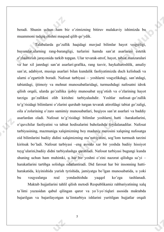 rlariga, maktabning moddiy bazasiga e`tibor beriladi. ularni tahlil qilish, hisobotlarni ko`zdan kechirish, to`g’ri yoki noto`g’riligini aniqlash, o`quvchilar faolliklarining o`sishi bilan taqqoslash,ilg’or pedagogik tajribalarning umumlashtirilishi va joriy etilishi va nihoyat, o`qituvchi-tarbiyachilarning ilmiy-pedagogik faoliyatlarini tekshirish, tegishli chora, tadbirlar belgilash maqsadida o`tkaziladi. estetik hislar ham yuksak axloqiy hislardan hisoblanadi. estetik his deganda biz go'zallikni idrok qilish, go'zallikdan zavqlanish va go'zallik yaratishga intilishni tushunamiz. estetik hissiyot hamma odamlarga xos bo'lgan hissiyotdir. atrofdagi tabiat manzaralari estetik hissiyotlarimizning birinchi manbai hisoblanadi. masalan, bahor faslidagi tog' manzaralari baland qorli qoyalari uzoqlardan mag'rur turishlari odamda estetik lazzatlanish hissini tug'diradi. yomg'irdan so'ng turli rangda jilolanib turuvchi kamalak, gulzorlar yoki kapalak, xuddi dengizdek ko'z ilg'amaydigan ko'm-ko'k paxtazorlar uzoqlarda chiroyli bo'lib ko'rinib turgan dala tepaliklari odamda qandaydir ko'tarinki ruh tug'diradi. odamlar hayotning turli faktlariga va ularning san'atini aks ettirishiga qandaydir go'zallik yoki xunuklik fojiali yoki kulguli, oliyjanoblik va razillik, nafis yoki dag'al hodisalar sifatida munosabatda bo'ladilar. bu hislar tegishli baholarda estetik …