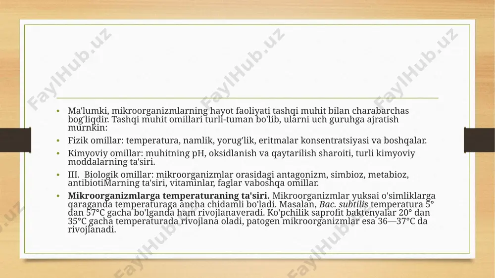 vojlanadi. bu bakteriyalarni a.a.tmshenetskiy quyidagicha klassifikatsiyalaydi: stenotermin termofillar - bular uchun temperaturaning maksimum nuqtasi 75—80°c, optimum nuqtasi 50—65°c bo'lib, 28—30°c da esa ko'paya olmaydi. bu guruh tabiatda kam tarqalgan; evritermin termofillar uchun temperaturaning maksimum chegarasi 70-75"c, optimum nuqtasi 50-65°c bo'lib, 28-30° da juda sekin ko'payadi, tabiatda keng tarqalgan guruh; d) termotolerant formalar uchun temperaturaning maksimum chegarasi 50—65°c, optimum] 35-45°c, minimumi 5-10°c bo'lishi kerak. 30—60°c oralig'ida juda tez ko'payadi, tabiatda tuproqda, go'ngda, issiq buloq suvlarida keng tarqalgan guruh. termofill bakteriyalarda moddalar almashinuvi jarayoni juda jadal boradi, shuning uchun ular juda tez ko'payadi va yaxshi rivojlanadi. termofill bakteriyalar hujayrasidagi fermentlar yuqori tempe-ratura ta'sirida inaktivatsiyaga uchraydi, shuning uchun bu bakte-riyalardan korxonalarda keng ravishda foydalanish mumkin. aaimshenetskiy fikricha, termofill bakteriyalar mczofillardan kelib chiqqan. tabiatdagi o'zgarishlar, jumladan, temperaturaning ko'tarilishi mezofillarning ko'pchiligini nobud qilgan bo'lsa, bir qismi tirik qolgan va yuqori temperaturaga moslashgan. bora-bora yuqori temperatura ular uchun zaruriy omil bo'lib qolgan. a.a.lrnshenetskiyning bu fikrini y.n.mishustin …